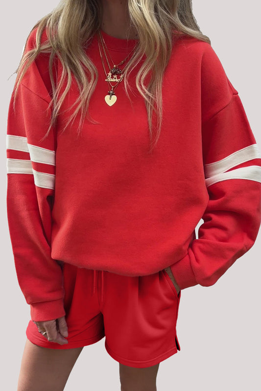 Fiery Red Varsity Striped Sleeve Drop Shoulder Sweatshirt and Short Set-Two Piece Sets/Short Sets-[Adult]-[Female]-Fiery Red-S-2022 Online Blue Zone Planet