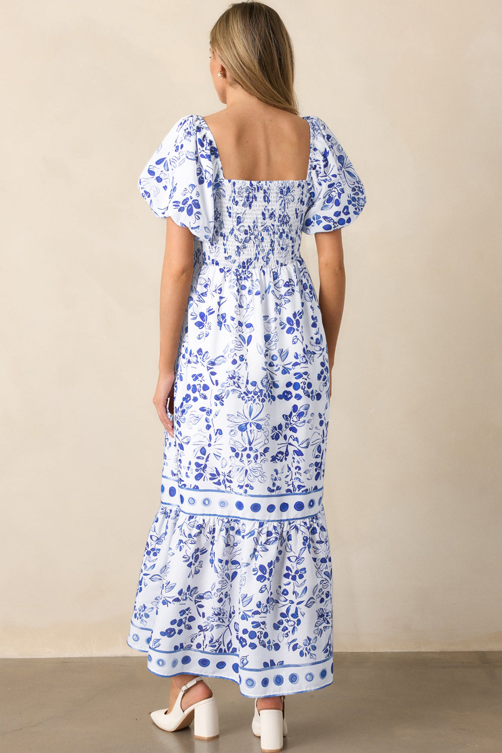 Sky Blue Floral Print Square Neck Bubble Sleeve High Waist Maxi Dress-Dresses/Maxi Dresses-[Adult]-[Female]-2022 Online Blue Zone Planet