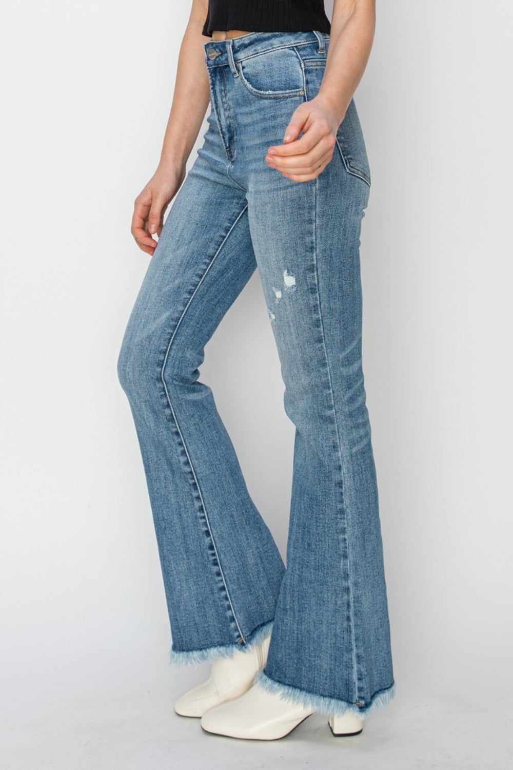 Blue Zone Planet | RISEN High Rise Frayed Hem Bootcut Jeans-BOTTOMS SIZES SMALL MEDIUM LARGE-[Adult]-[Female]-2022 Online Blue Zone Planet