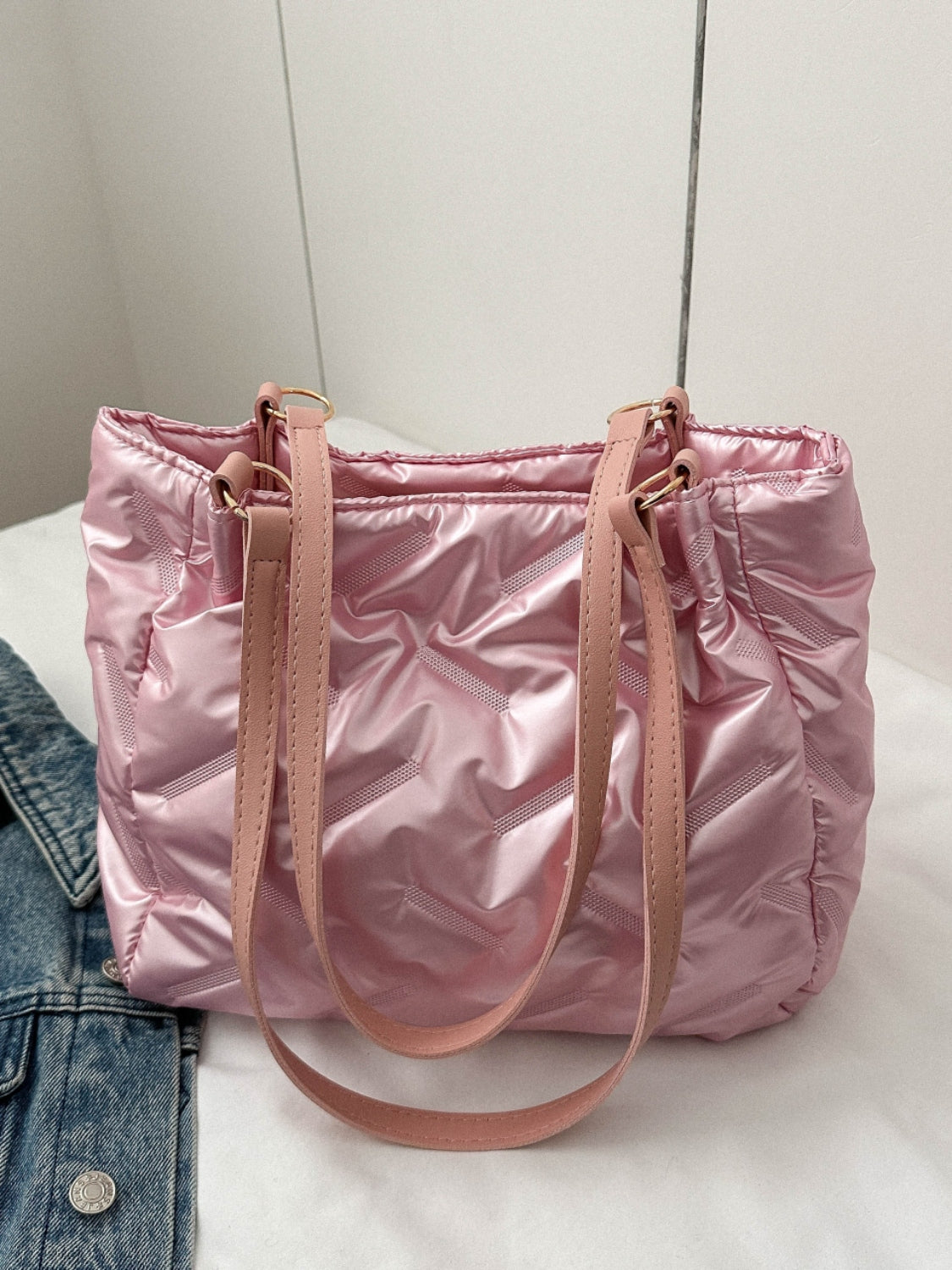 Textured Polyester Shoulder Bag-HANDBAGS-[Adult]-[Female]-Pink-One Size-2022 Online Blue Zone Planet