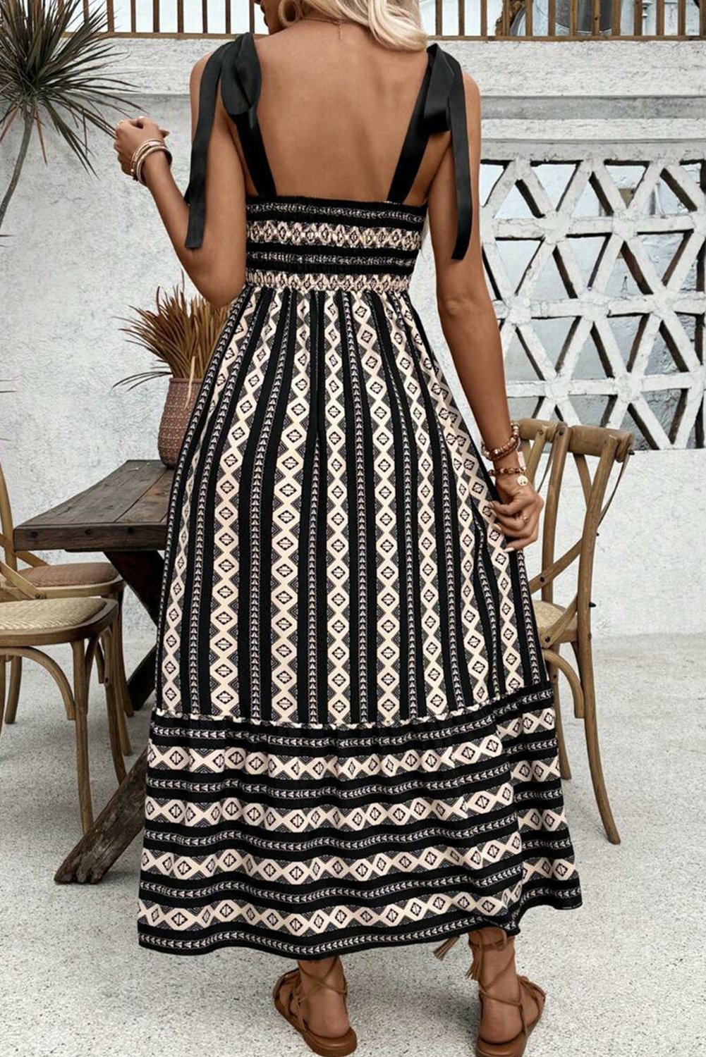 Black Geometric Striped Knot Strap Maxi Dress-Maxi Dresses-[Adult]-[Female]-2022 Online Blue Zone Planet