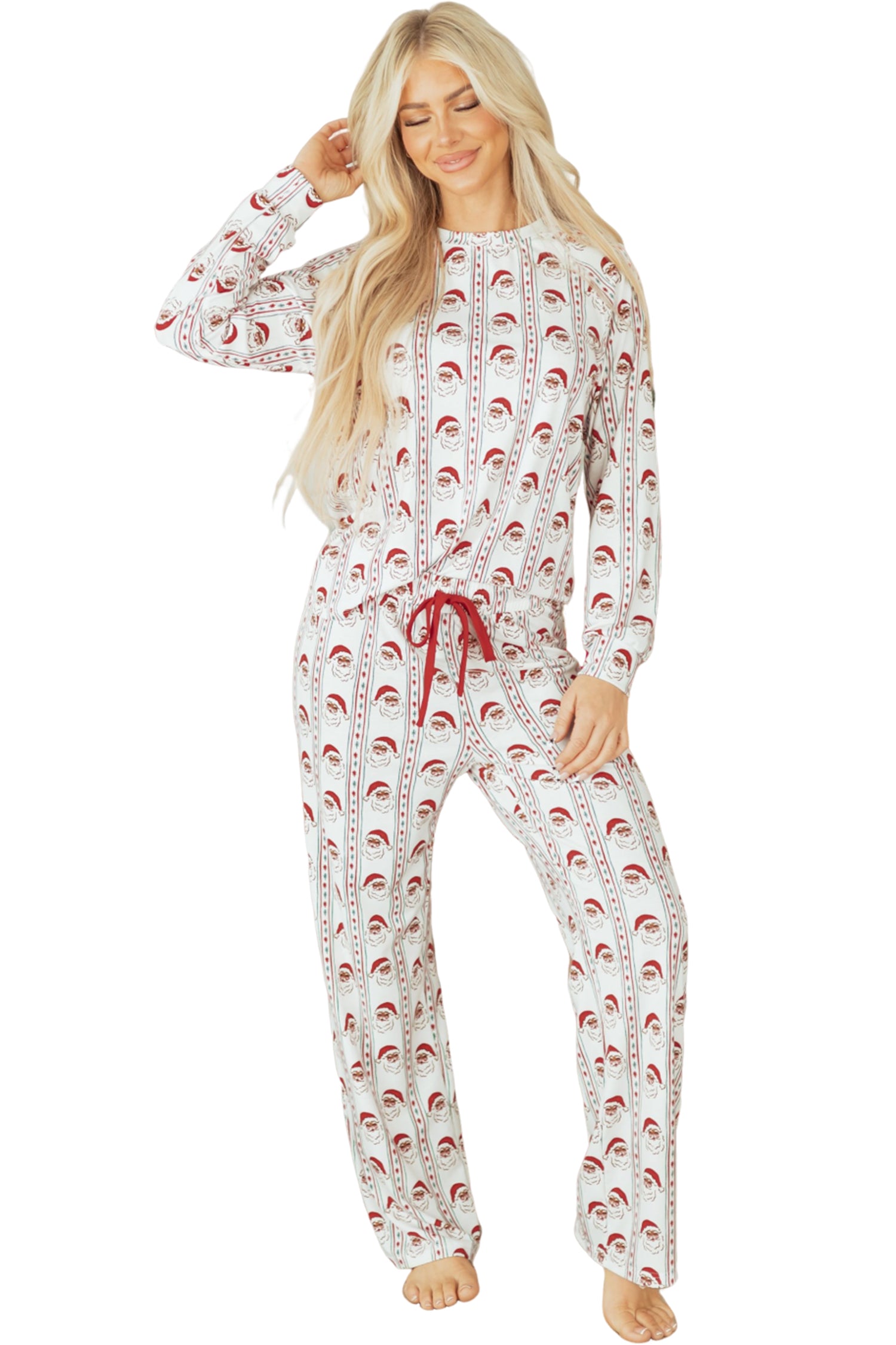 White Father Christmas Striped Print Contrast Drawstring Lounge Pant Set-Loungewear & Sleepwear/Loungewear-[Adult]-[Female]-2022 Online Blue Zone Planet