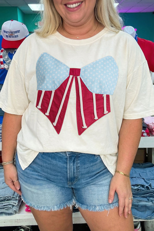 White Distressed Flag Bow Patched Plus Size T Shirt-Plus Size/Plus Size Tops/Plus Size Tops & Tees-[Adult]-[Female]-White-1X-2022 Online Blue Zone Planet