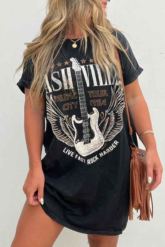 Black Nashville Guitar Print Crew Neck T Shirt Mini Dress-TOPS / DRESSES-[Adult]-[Female]-Black-S-2022 Online Blue Zone Planet