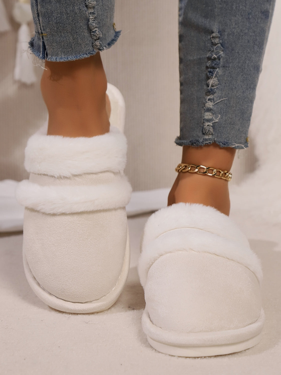 Contrast Faux Fur Round Toe Slippers-SHOES-[Adult]-[Female]-2022 Online Blue Zone Planet