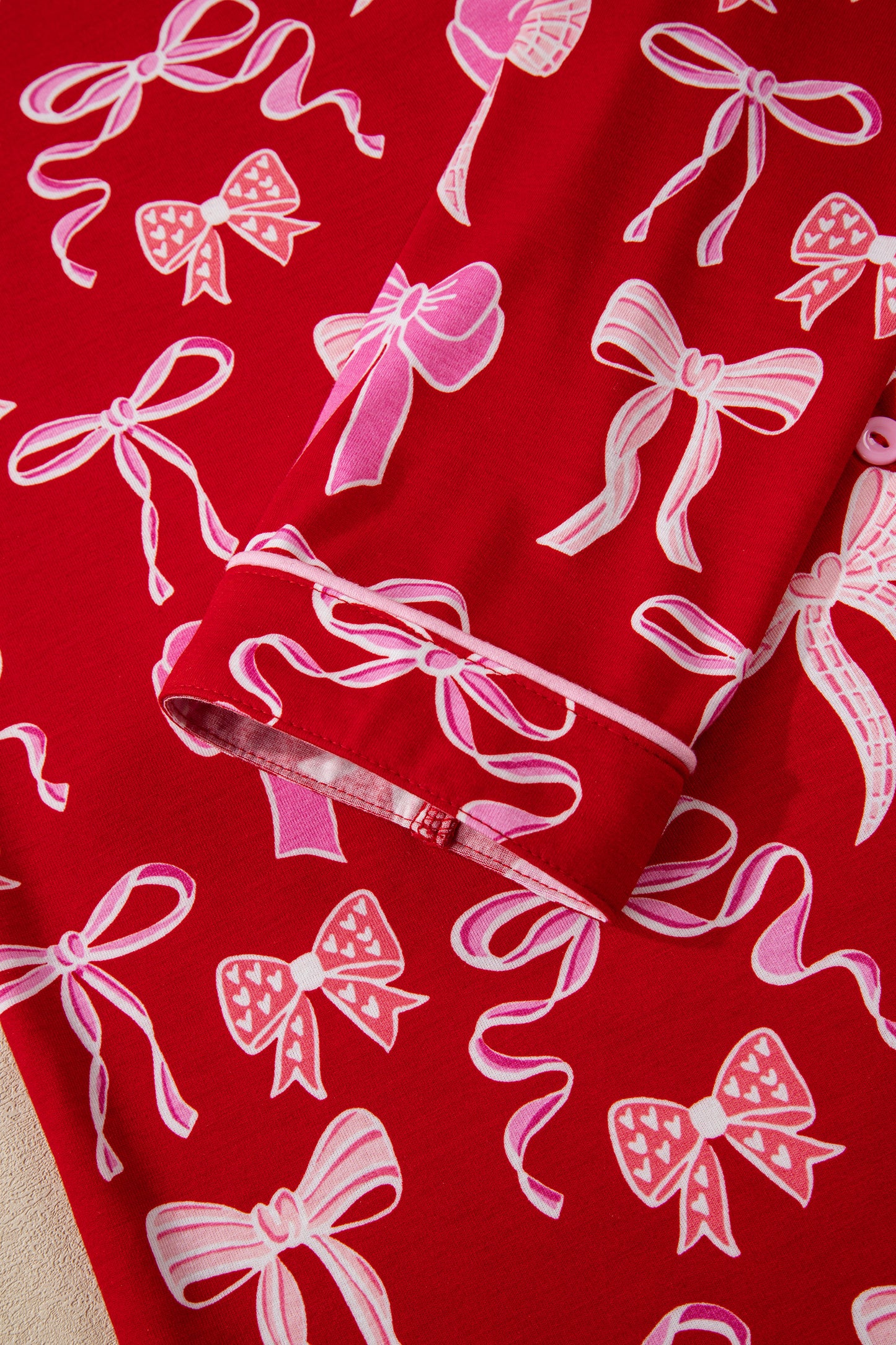 Red Sweet Bow Print Shirt Style Top Long 2pcs Pajama Set-Loungewear & Sleepwear/Sleepwear-[Adult]-[Female]-2022 Online Blue Zone Planet