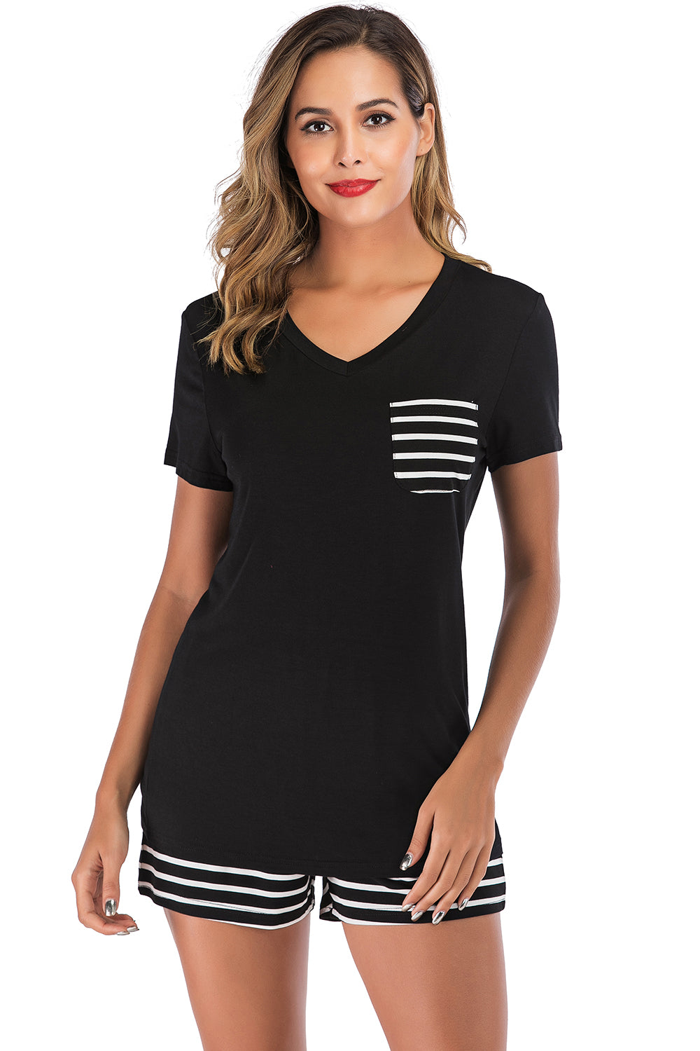 Striped Short Sleeve Top and Shorts Lounge Set-TOPS / DRESSES-[Adult]-[Female]-2022 Online Blue Zone Planet