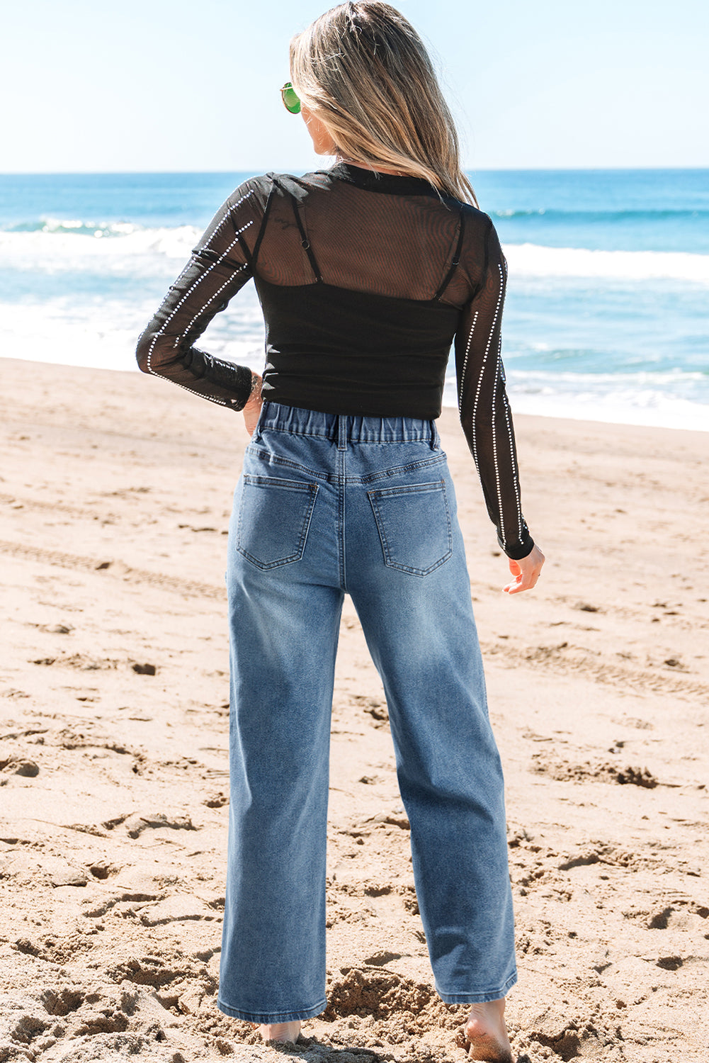 Stone Blue Star Patchwork Cropped Wide Leg High Waist Jeans-Bottoms/Jeans-[Adult]-[Female]-2022 Online Blue Zone Planet
