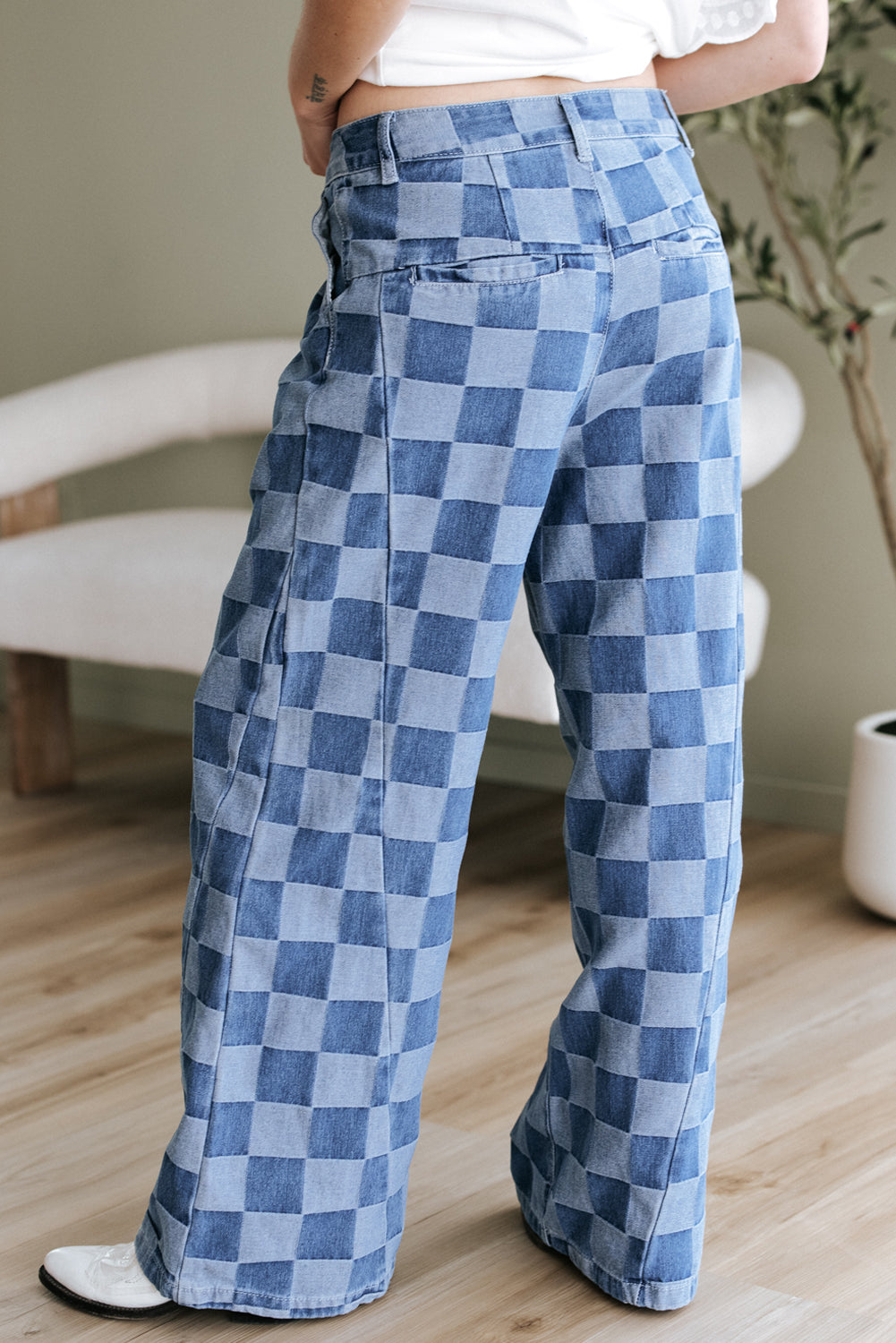 Blue Zone Planet | Dusk Blue Checkered Denim Wide Leg Jeans-Bottoms/Jeans-[Adult]-[Female]-2022 Online Blue Zone Planet