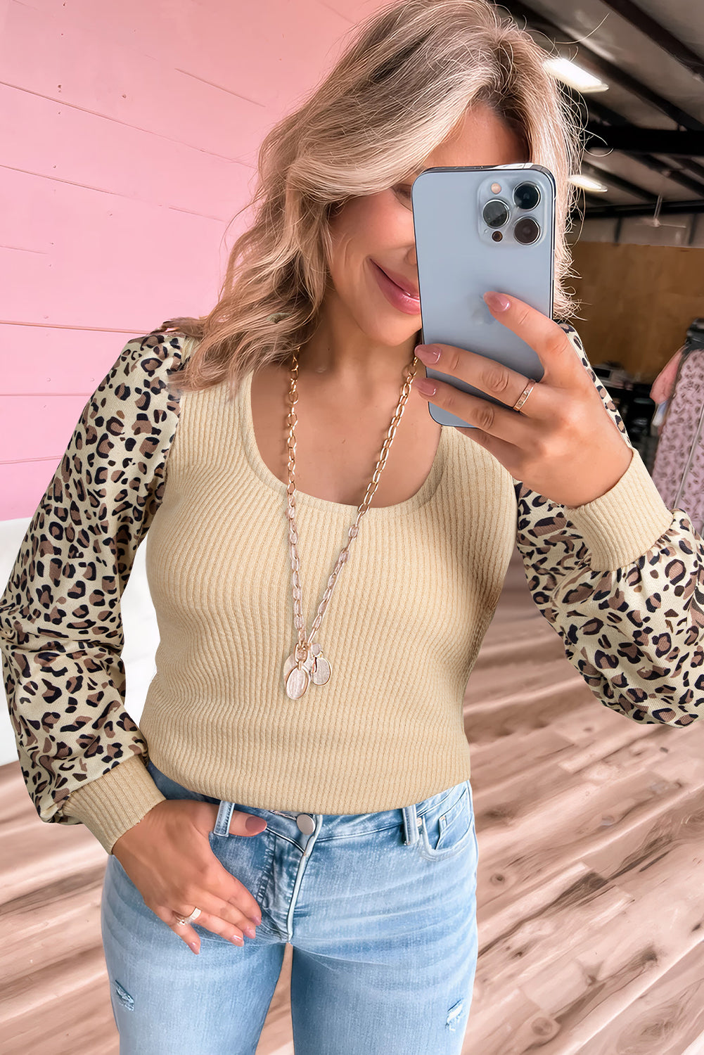 Apricot Leopard Sleeve Patchwork Ribbed Knit U Neck Top-Tops/Long Sleeve Tops-[Adult]-[Female]-2022 Online Blue Zone Planet