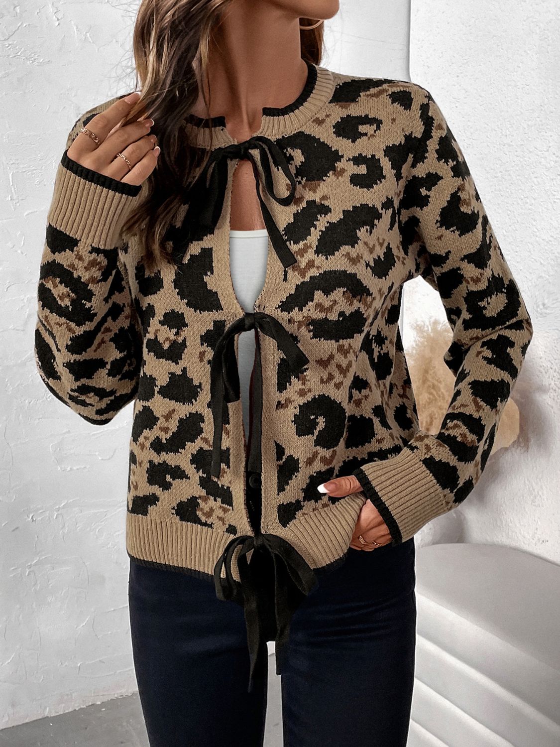 Perfee Tied Leopard Long Sleeve Cardigan-TOPS / DRESSES-[Adult]-[Female]-Tan-S-2022 Online Blue Zone Planet