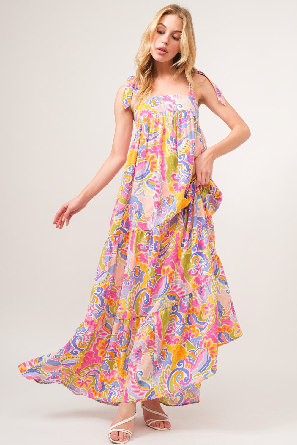 Blue Zone Planet | And The Why Full Size Printed Tie Shoulder Tiered Maxi Dress-TOPS / DRESSES-[Adult]-[Female]-2022 Online Blue Zone Planet