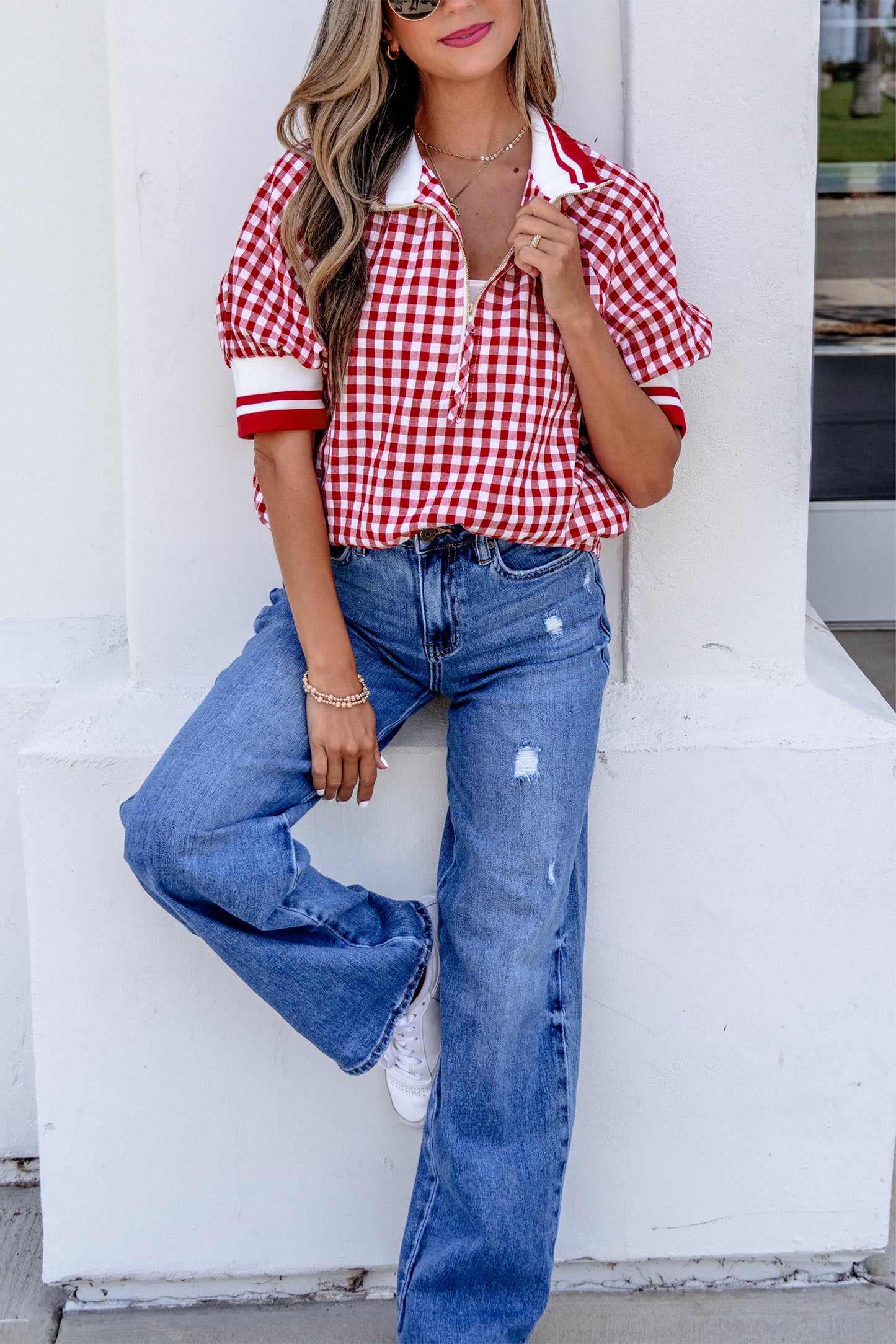 Red Gingham Striped Patchwork Half Zip Blouse-Tops/Blouses & Shirts-[Adult]-[Female]-2022 Online Blue Zone Planet
