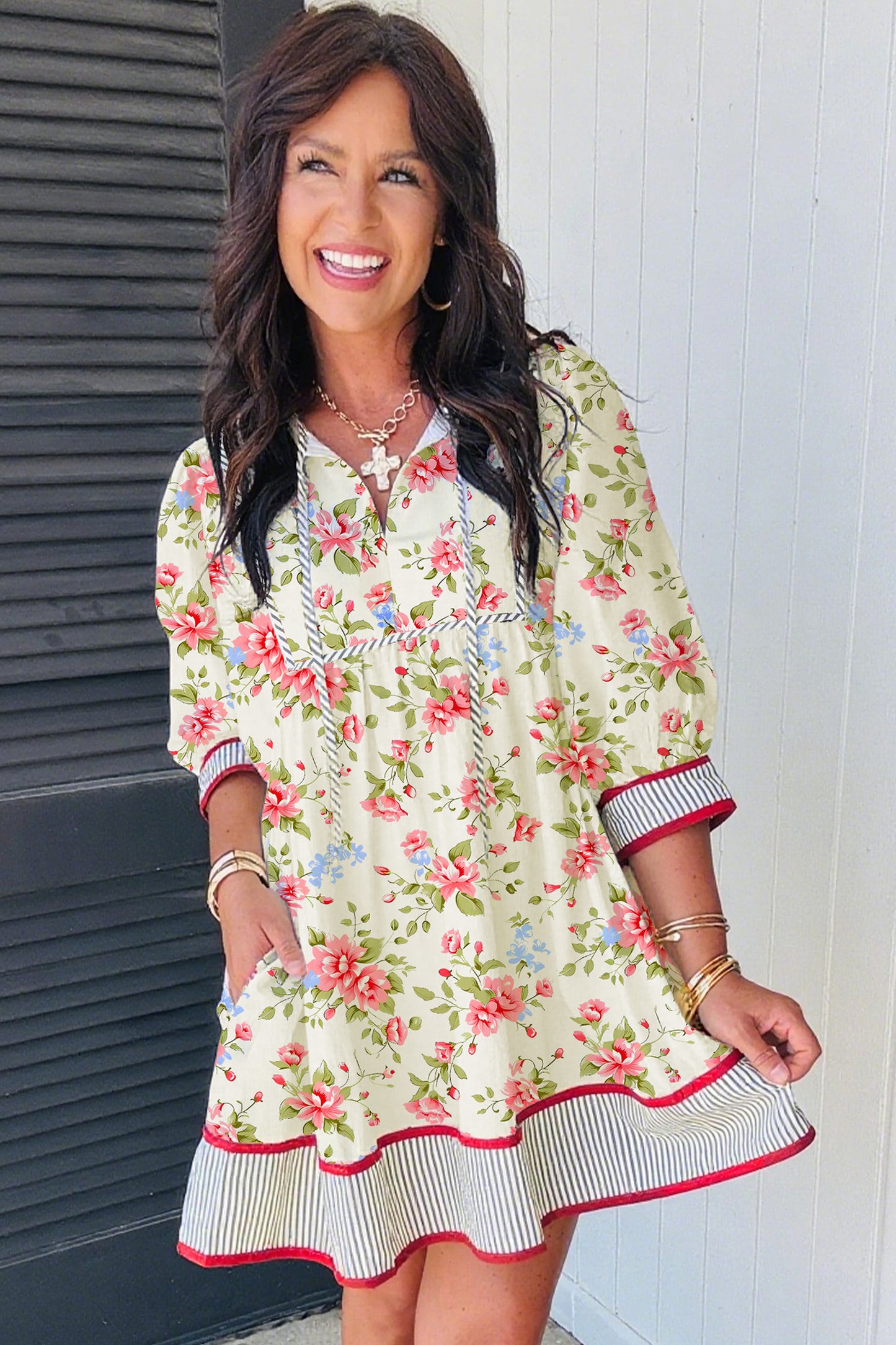 Apricot Striped Edge 3/4 Puff Sleeve Floral Dress-Dresses/Floral Dresses-[Adult]-[Female]-2022 Online Blue Zone Planet