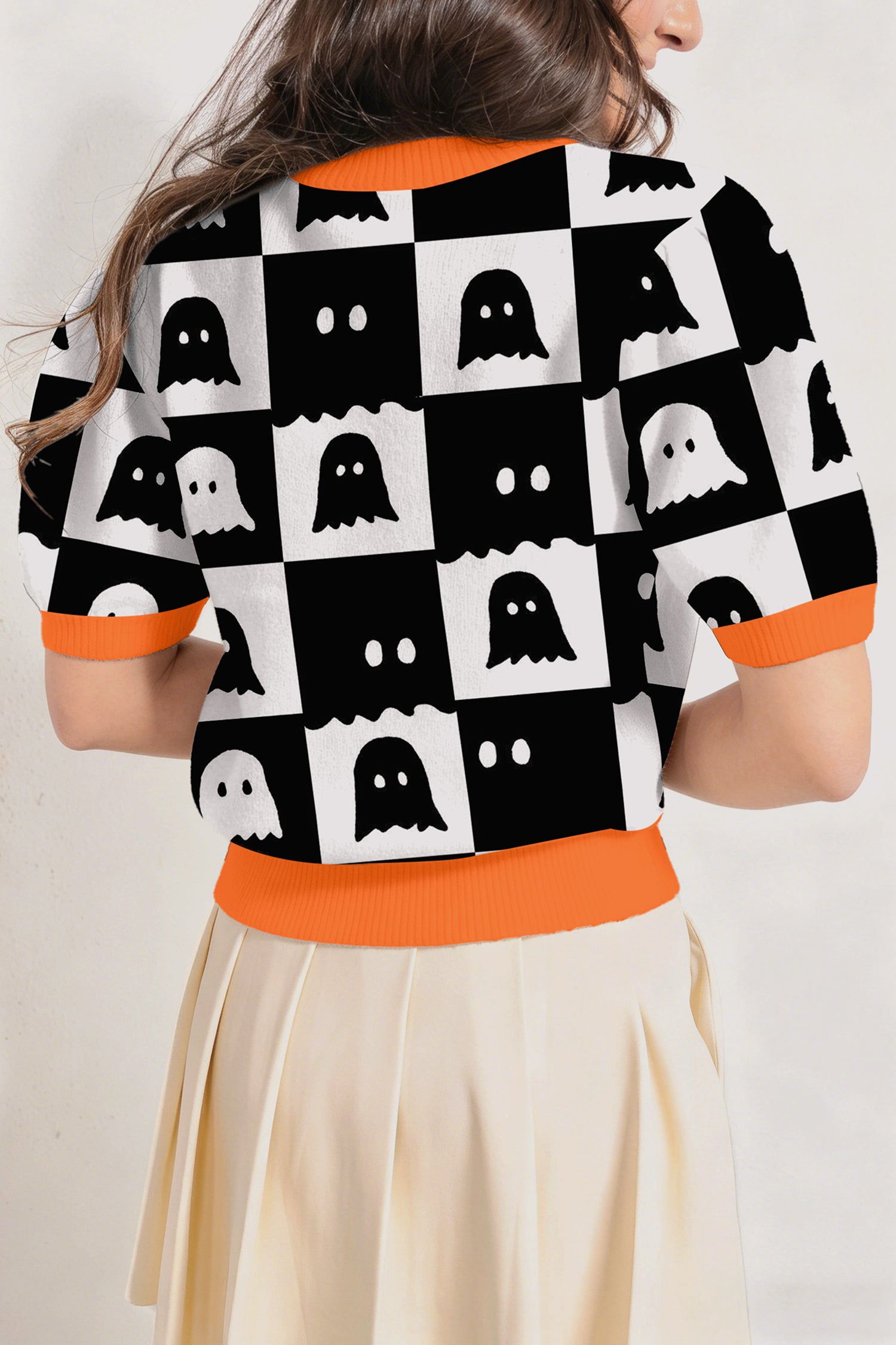 White Geometric Ghost Color Block Trim Short Sleeve Knit Sweater-Sweaters & Cardigans/Short Sleeve Sweaters-[Adult]-[Female]-2022 Online Blue Zone Planet