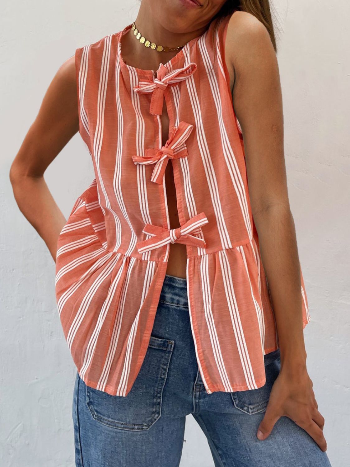 Tied Striped Round Neck Tank-TOPS / DRESSES-[Adult]-[Female]-Orange-S-2022 Online Blue Zone Planet