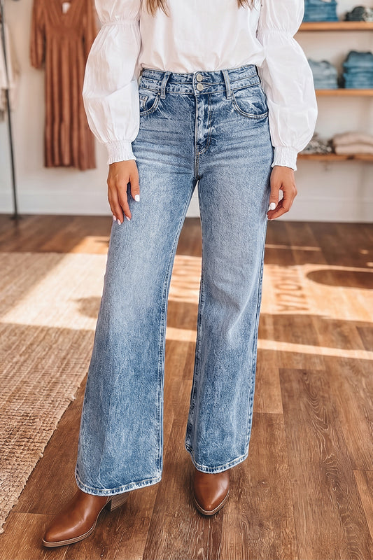 Beau Blue Acid Wash Pocket Detail Flare Jeans-Bottoms/Jeans-[Adult]-[Female]-Beau Blue-4-2022 Online Blue Zone Planet