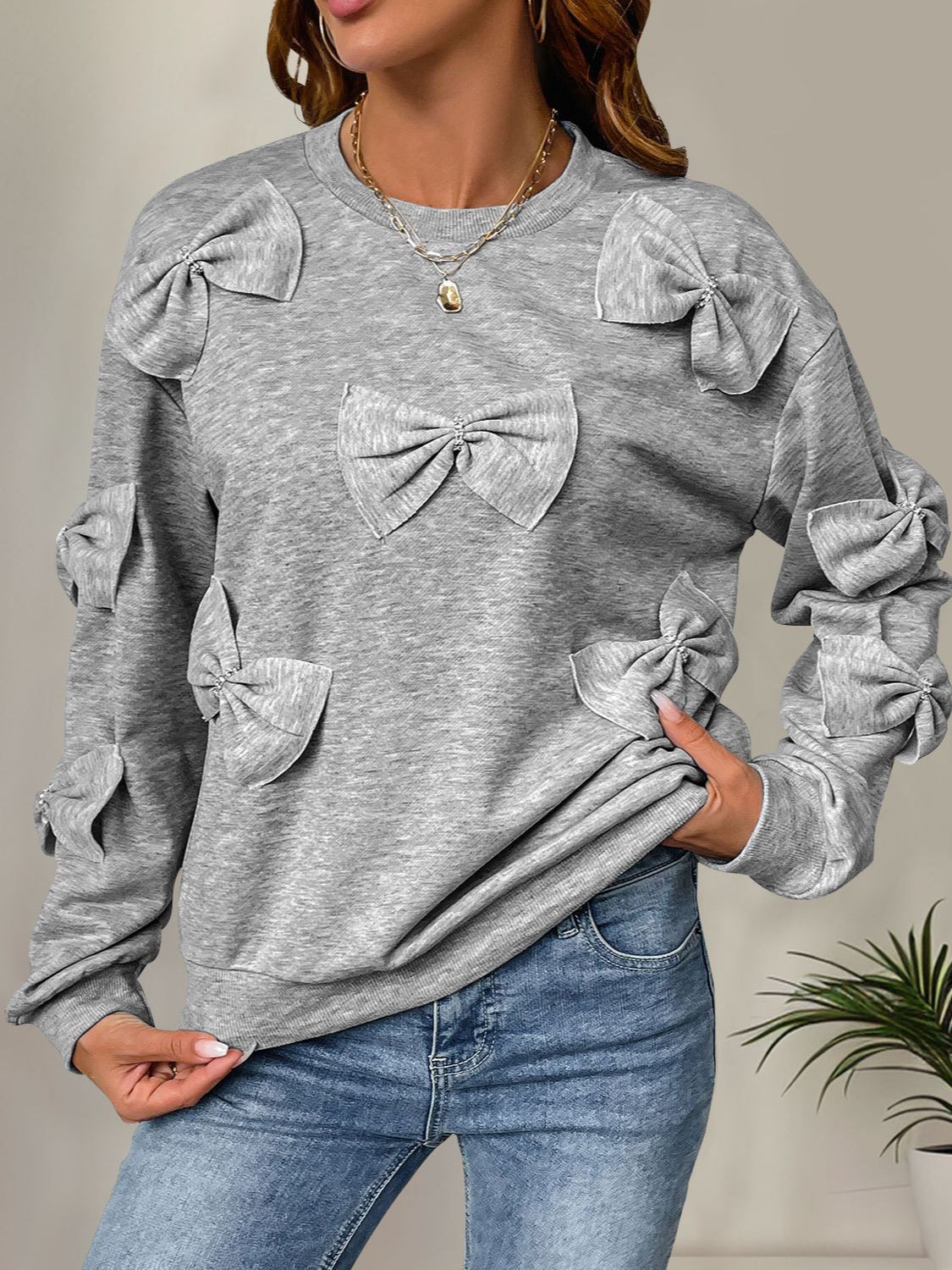 Perfee Bow Round Neck Long Sleeve Sweatshirt-TOPS / DRESSES-[Adult]-[Female]-Gray-S-2022 Online Blue Zone Planet