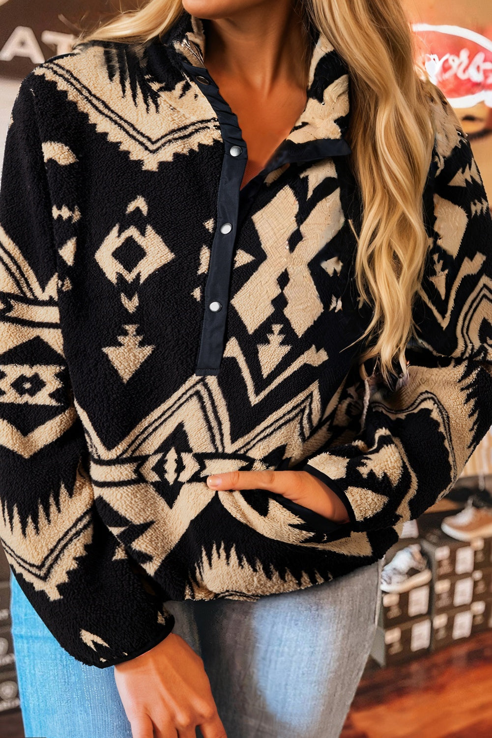 Black Plus Size Western Aztec Pattern Half Button Collared Plush Sweatshirt-Plus Size/Plus Size Sweatshirts & Hoodies-[Adult]-[Female]-Black-1X-2022 Online Blue Zone Planet