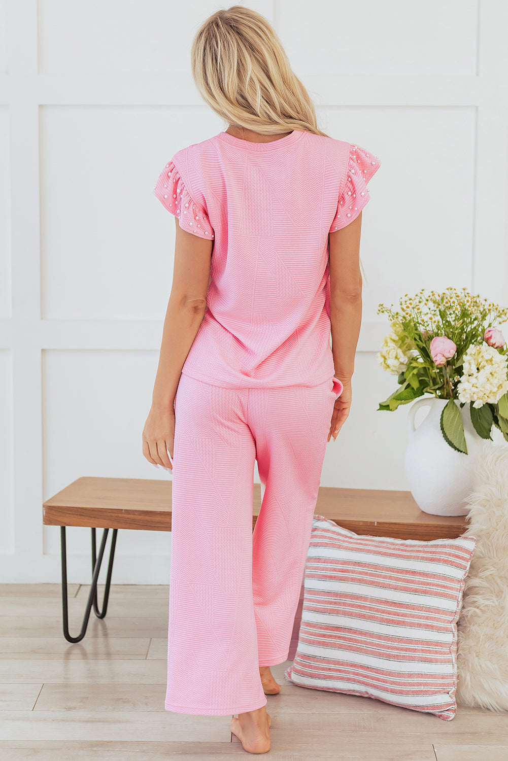 Blue Zone Planet |  Pink Textured Pearled Ruffled Sleeve Wide Leg Pants Set