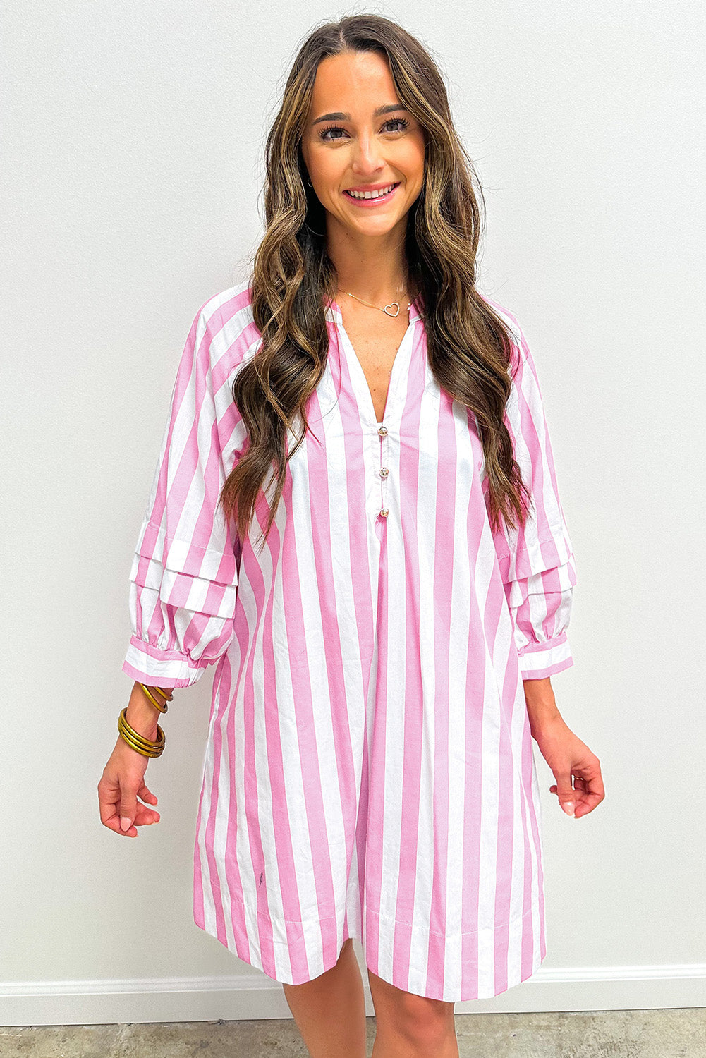 Rose Stripe Bracelet Sleeve Buttons Loose Mini Dress-Bracelet-[Adult]-[Female]-2022 Online Blue Zone Planet