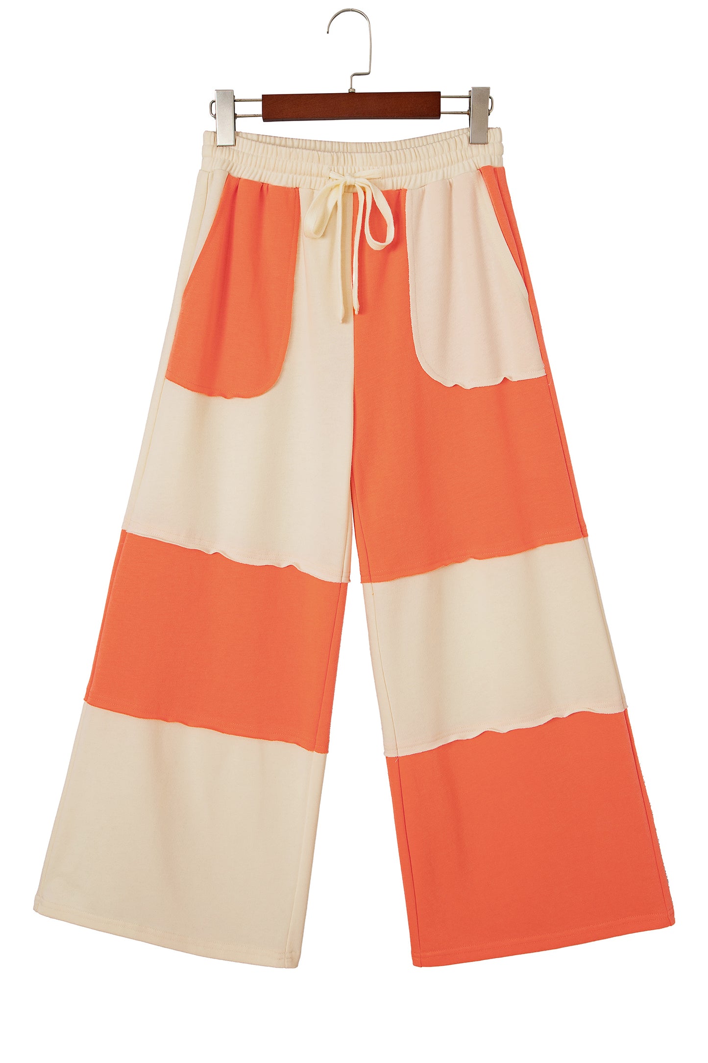 Russet Orange Raw Seam Colorblock Wide Leg Ankle Length Casual Pants