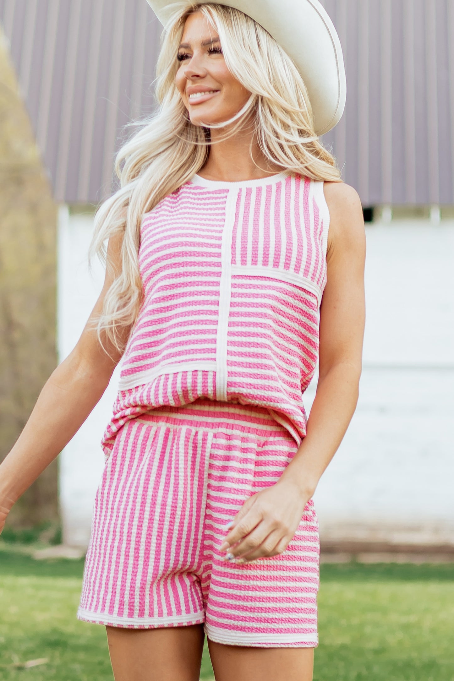 Pink Stripe Textured Contrast Trim Casual Tank and Shorts Set-Two Piece Sets/Short Sets-[Adult]-[Female]-2022 Online Blue Zone Planet