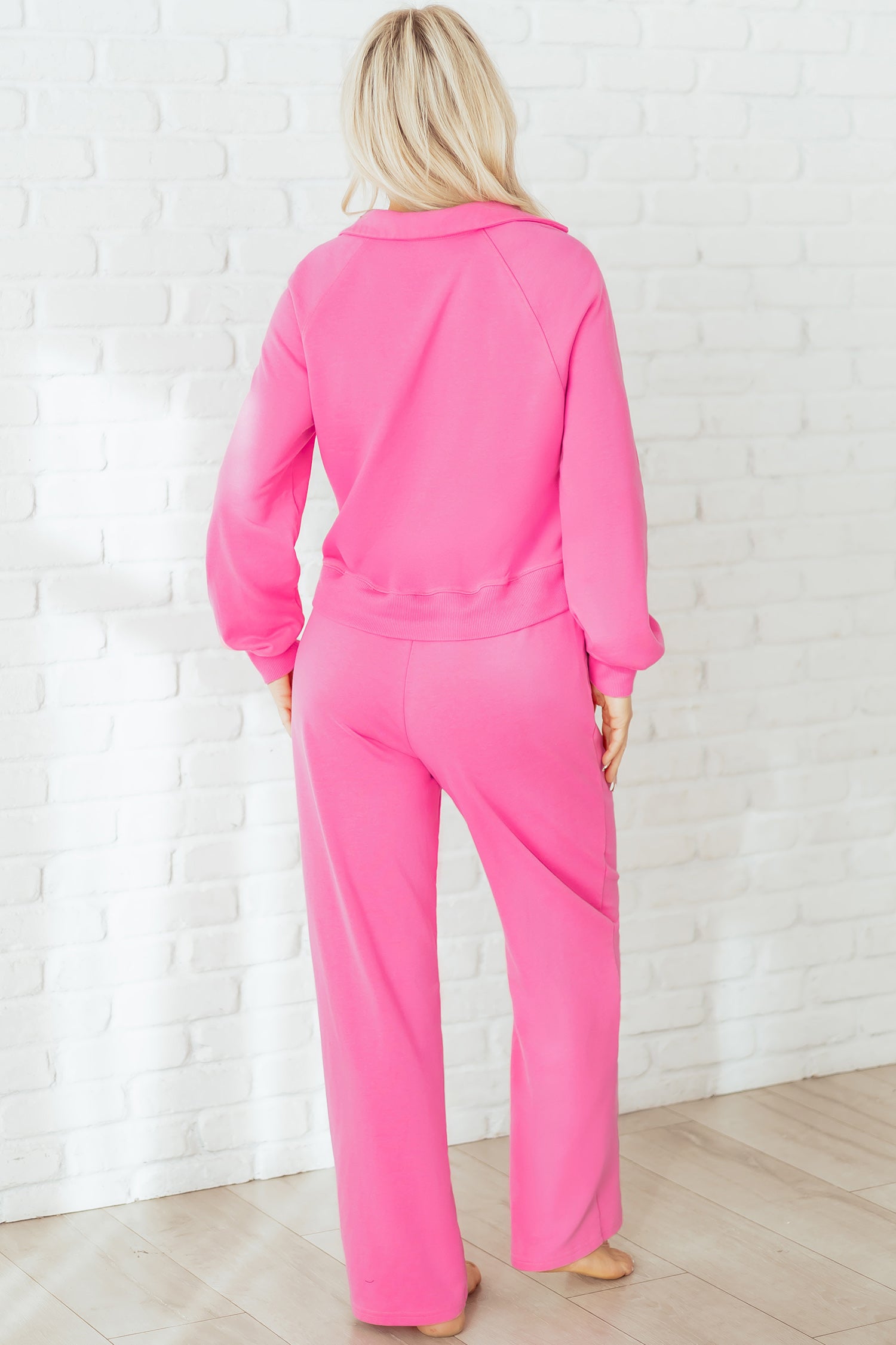 Sachet Pink Solid Color Collared Pullover and Central Seam Pants Set-Two Piece Sets/Pant Sets-[Adult]-[Female]-2022 Online Blue Zone Planet