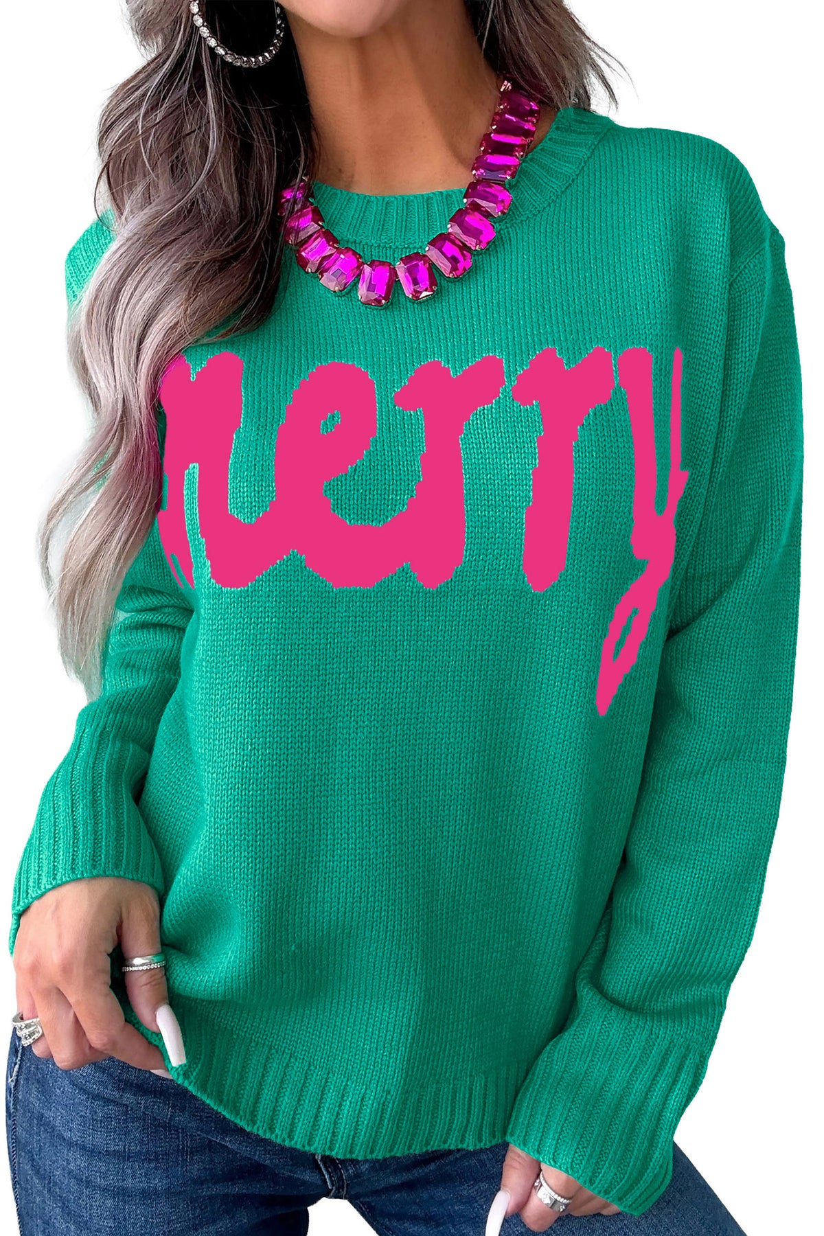 Bright Green Merry Print Ribbed Trim Round Neck Loose Fit Sweater-Sweaters & Cardigans/Sweaters-[Adult]-[Female]-2022 Online Blue Zone Planet