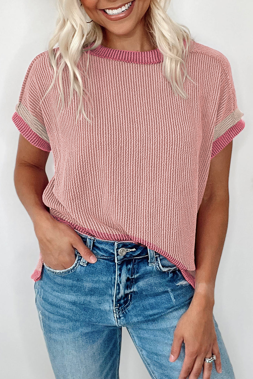 Rose Red Textured Contrast Trim Round Neck T Shirt-Tops/Tops & Tees-[Adult]-[Female]-Light Pink-S-2022 Online Blue Zone Planet