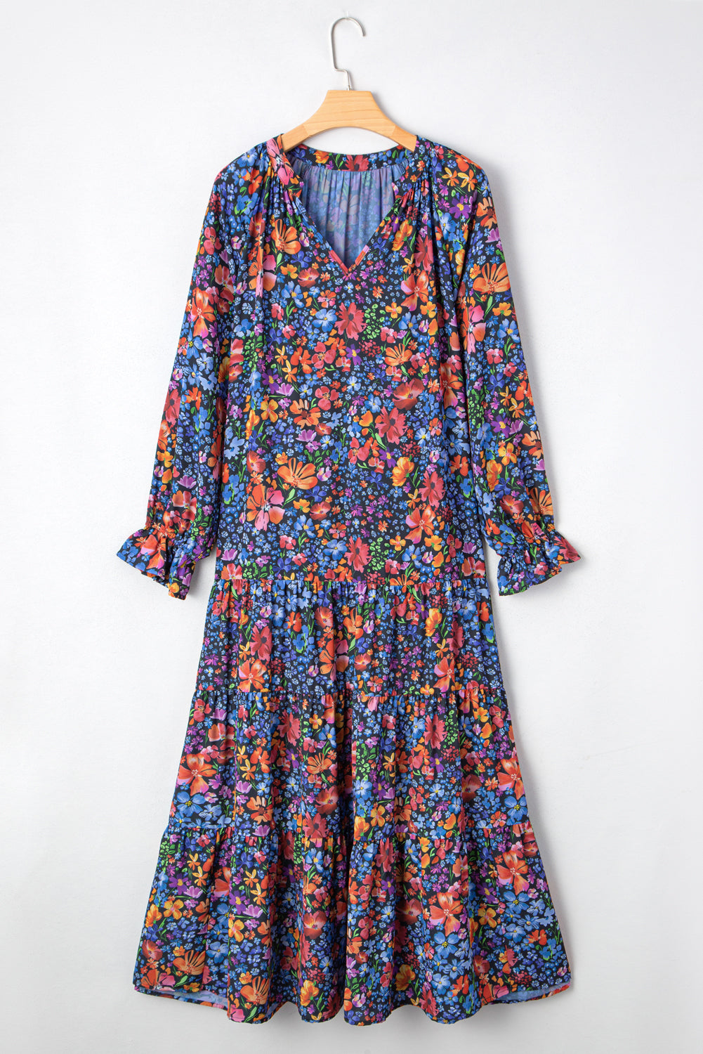 Blue Floral Print Tassel Tie V Neck Long Sleeve Flowy Long Dress-TOPS / DRESSES-[Adult]-[Female]-2022 Online Blue Zone Planet
