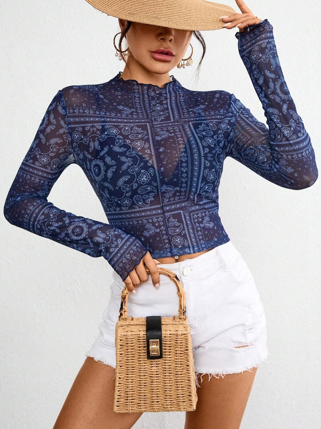 Paisley Mock Neck Long Sleeve Sheer Top-TOPS / DRESSES-[Adult]-[Female]-2022 Online Blue Zone Planet