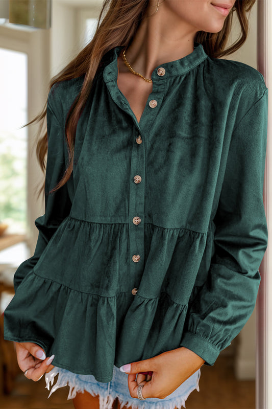 Peplum Round Neck Long Sleeve Shirt-TOPS / DRESSES-[Adult]-[Female]-Dark Green-S-2022 Online Blue Zone Planet