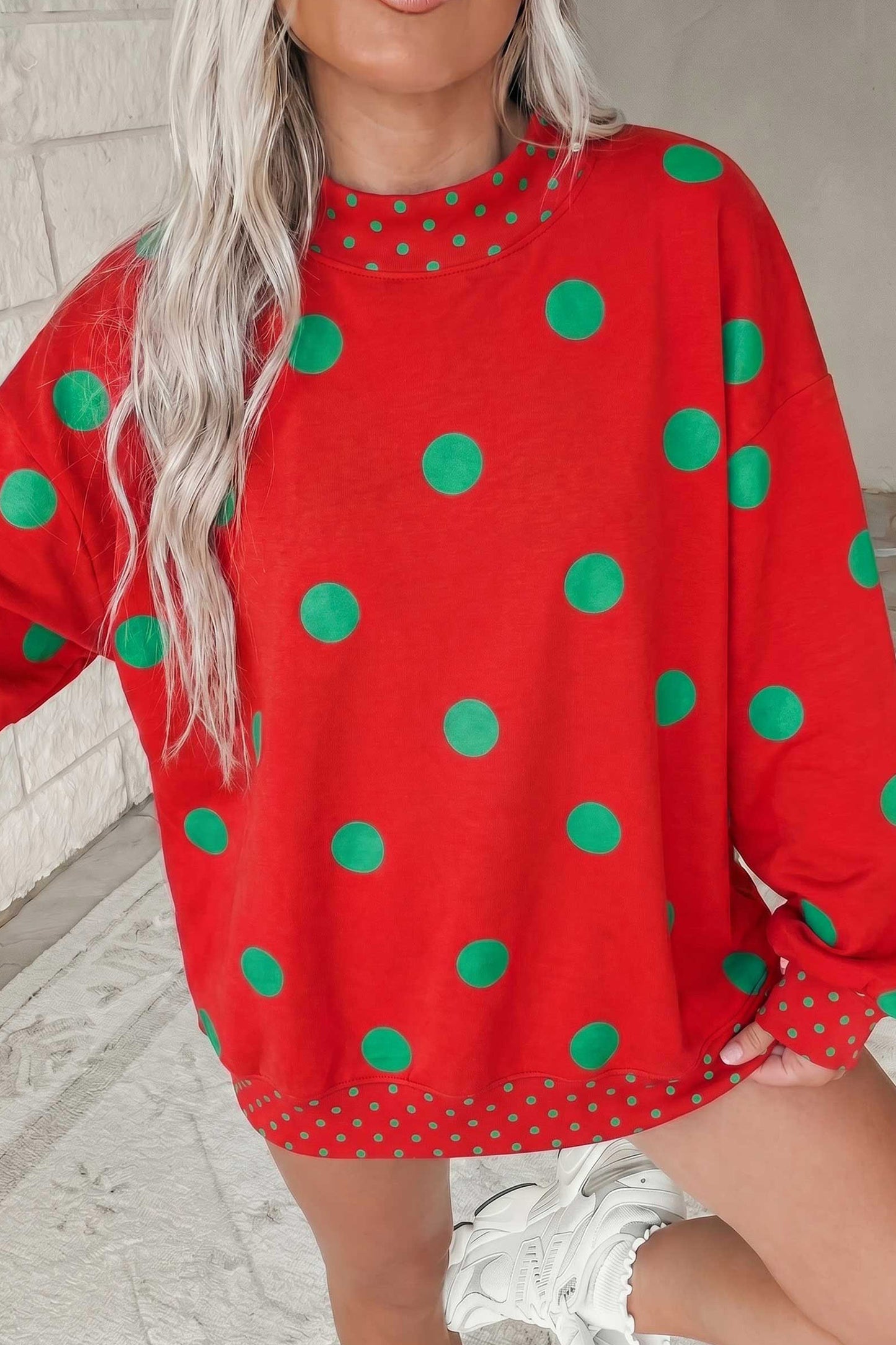 Pink Polka Dot Print Contrast Detail Oversized Tunic Sweatshirt-Tops/Sweatshirts & Hoodies-[Adult]-[Female]-Red-S-2022 Online Blue Zone Planet