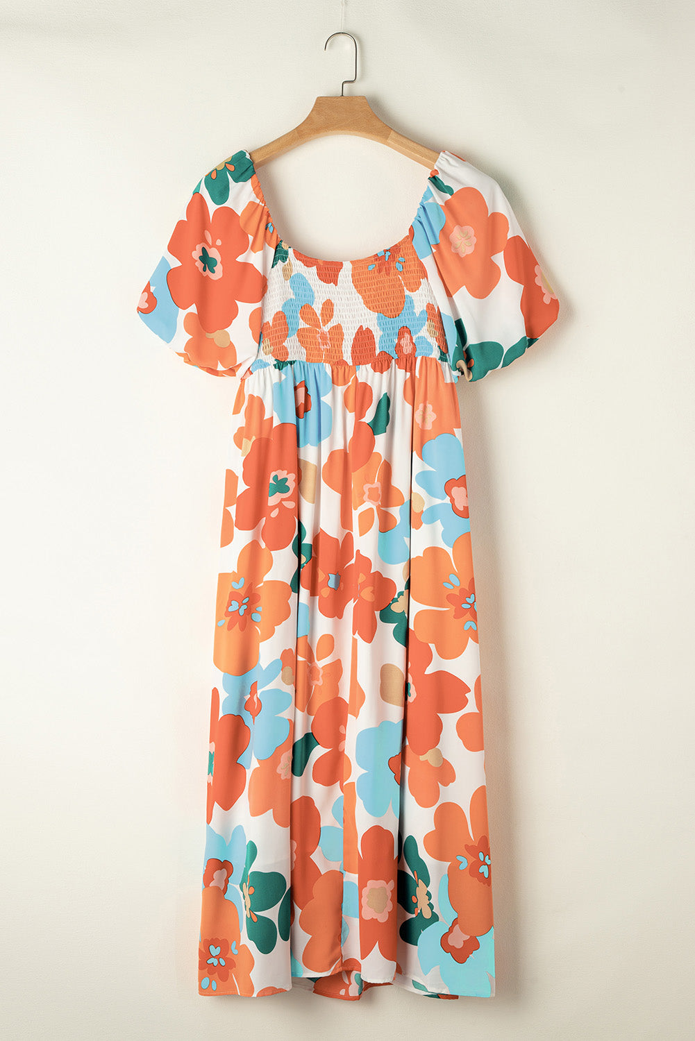 Blue Zone Planet | Orange Plus Size Flower Print Shirred Square Neck Maxi Dress-TOPS / DRESSES-[Adult]-[Female]-2022 Online Blue Zone Planet