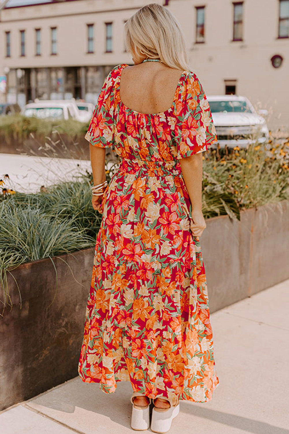 Orange Plus Size Floral V Neck Cinched Waist Maxi Dress-Plus Size Dresses-[Adult]-[Female]-2022 Online Blue Zone Planet