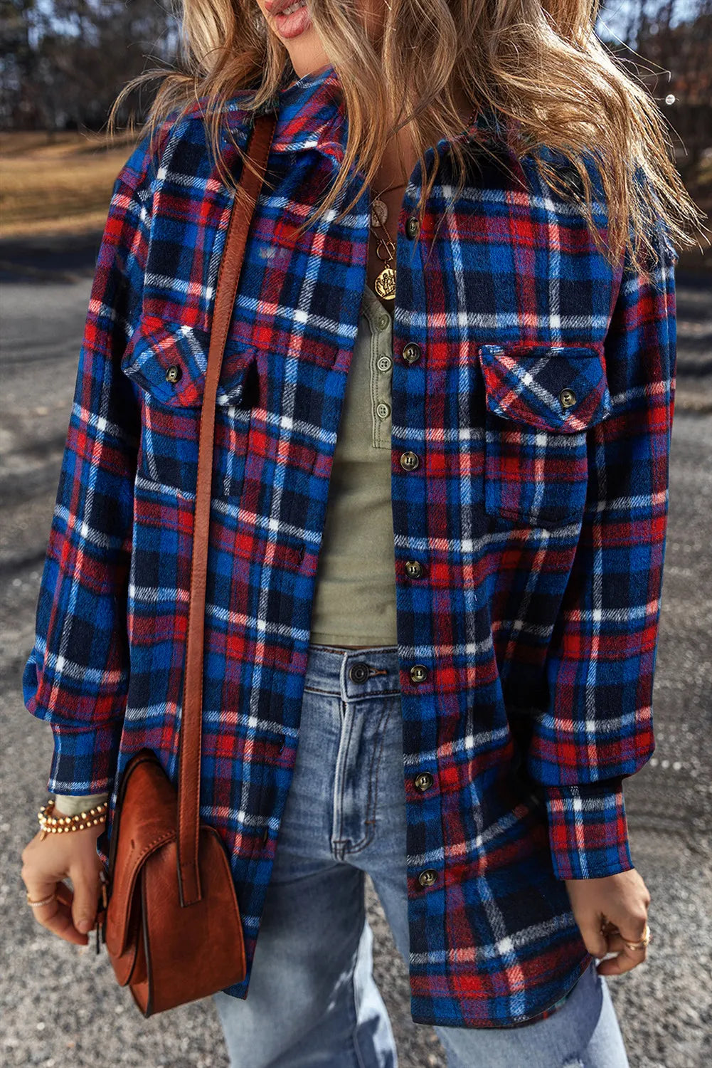 Pocketed Plaid Collared Neck Long Sleeve Shacket-TOPS / DRESSES-[Adult]-[Female]-Plaid-S-2022 Online Blue Zone Planet