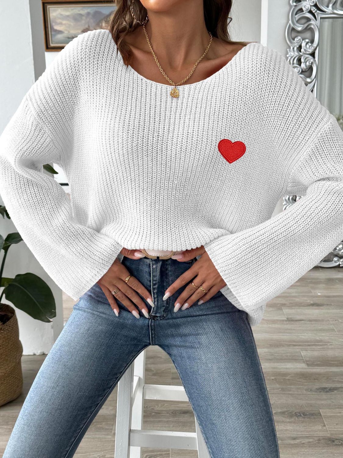 Heart Boat Neck Dropped Shoulder Sweater-TOPS / DRESSES-[Adult]-[Female]-2022 Online Blue Zone Planet