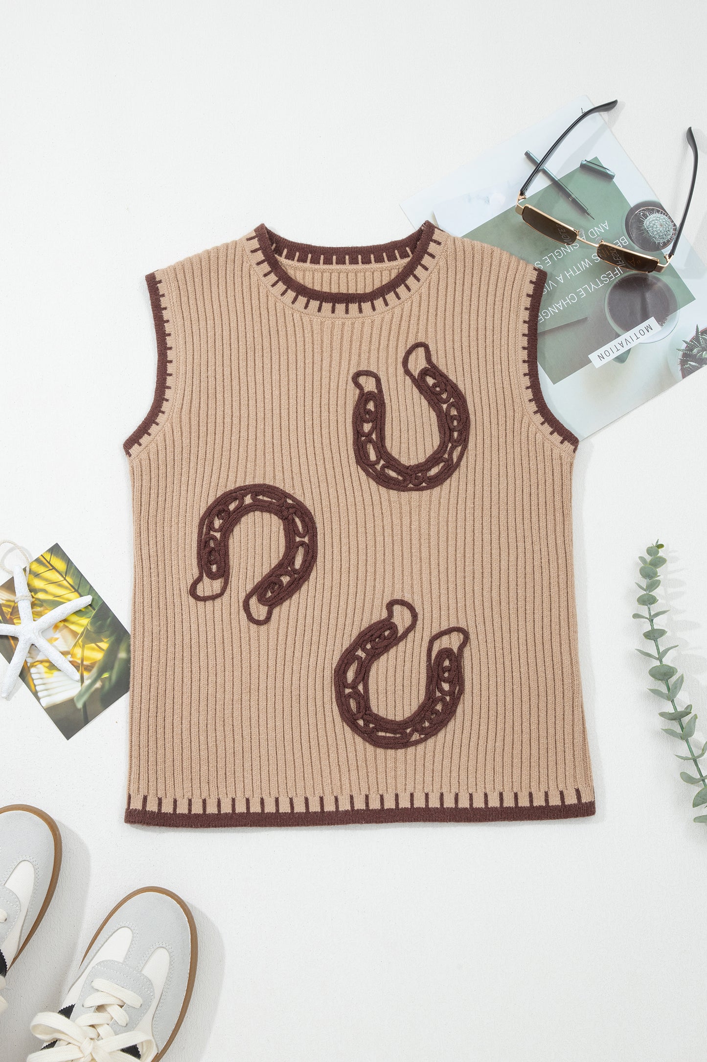 Light French Beige Ribbed Knit Contrast Trim Round Neck Horseshoe Sweater Vest-Sweaters & Cardigans/Sweater Vests-[Adult]-[Female]-2022 Online Blue Zone Planet