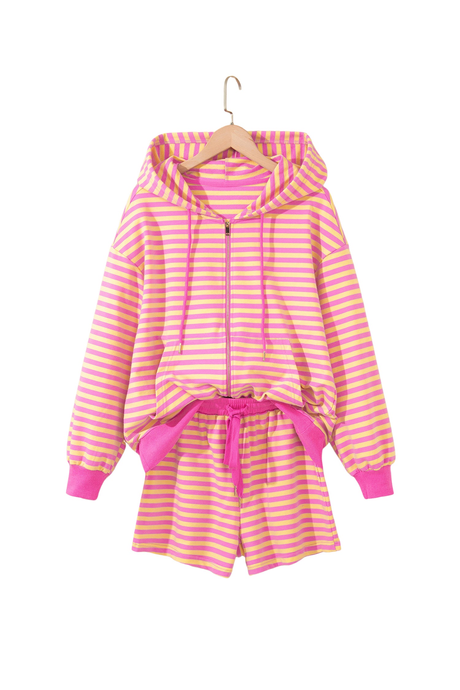 Rose Red Striped Long Sleeve Zip-Up Hoodie Drawstring Elastic Waist 2pcs Short Set-Two Piece Sets/Short Sets-[Adult]-[Female]-2022 Online Blue Zone Planet