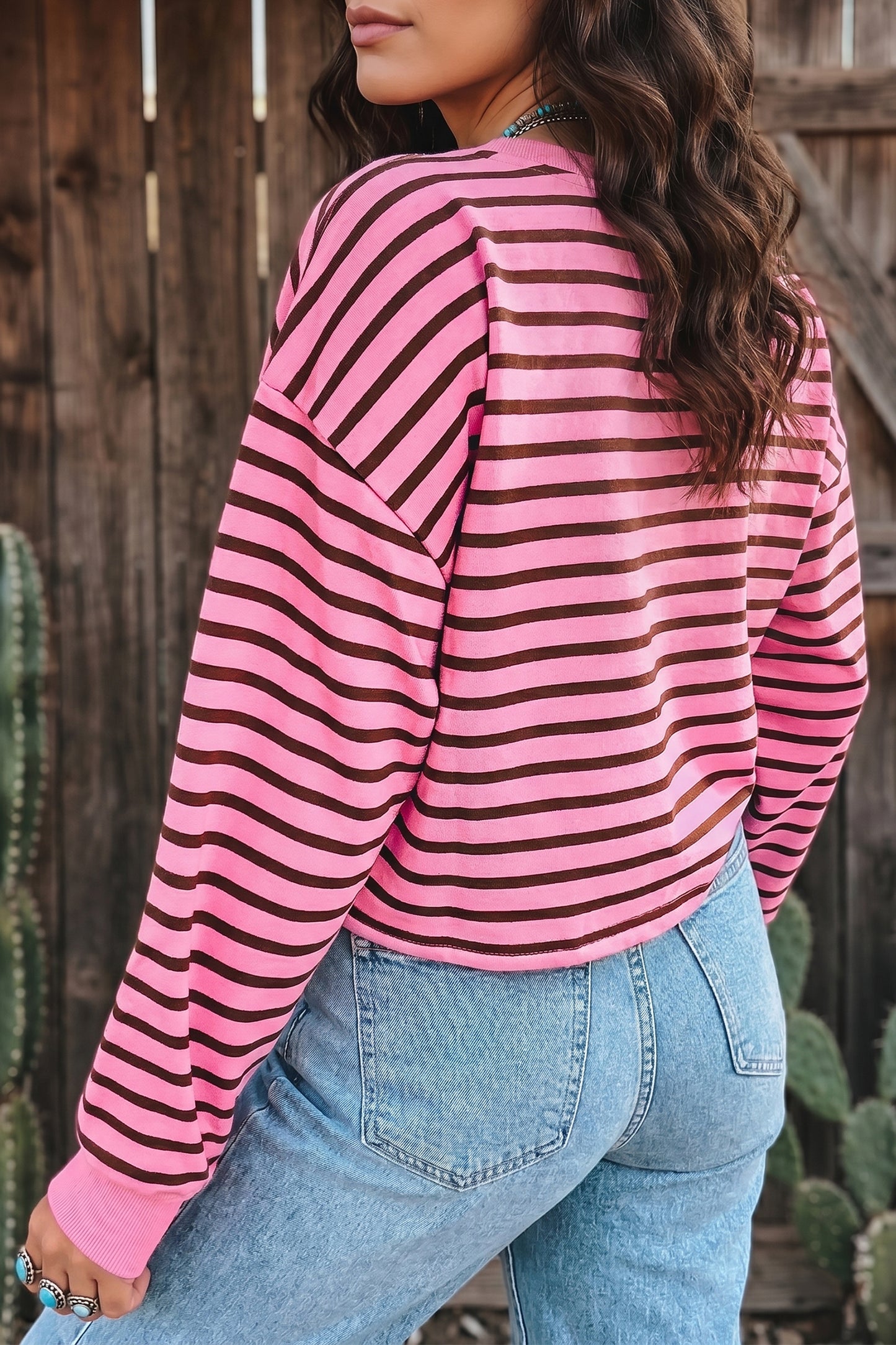 Pink Stripe V Neck Long Sleeve Drop Shoulder Blouse-Tops/Long Sleeve Tops-[Adult]-[Female]-2022 Online Blue Zone Planet