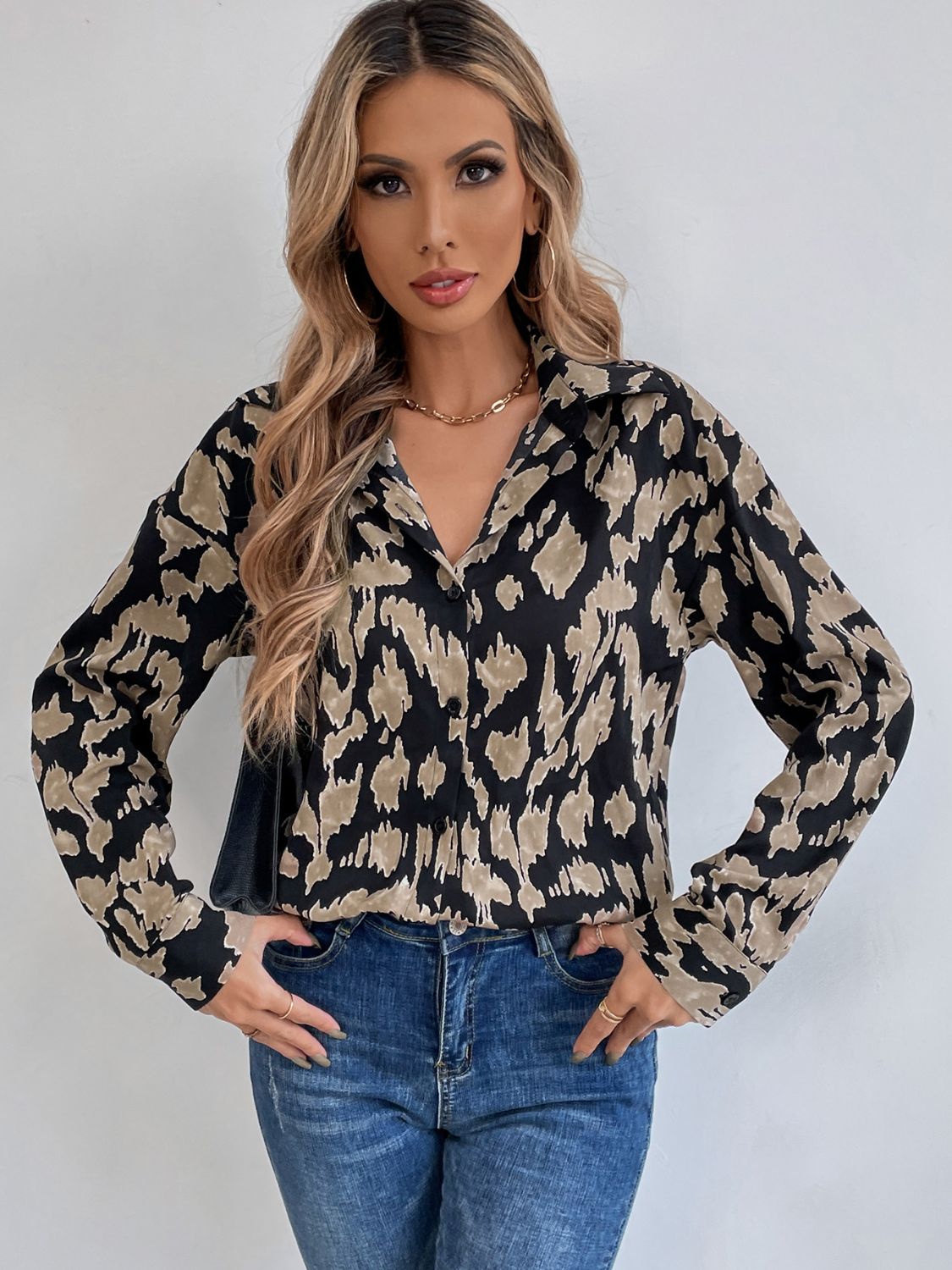 Printed Button Down Collared Neck Long Sleeve Shirt-TOPS / DRESSES-[Adult]-[Female]-2022 Online Blue Zone Planet