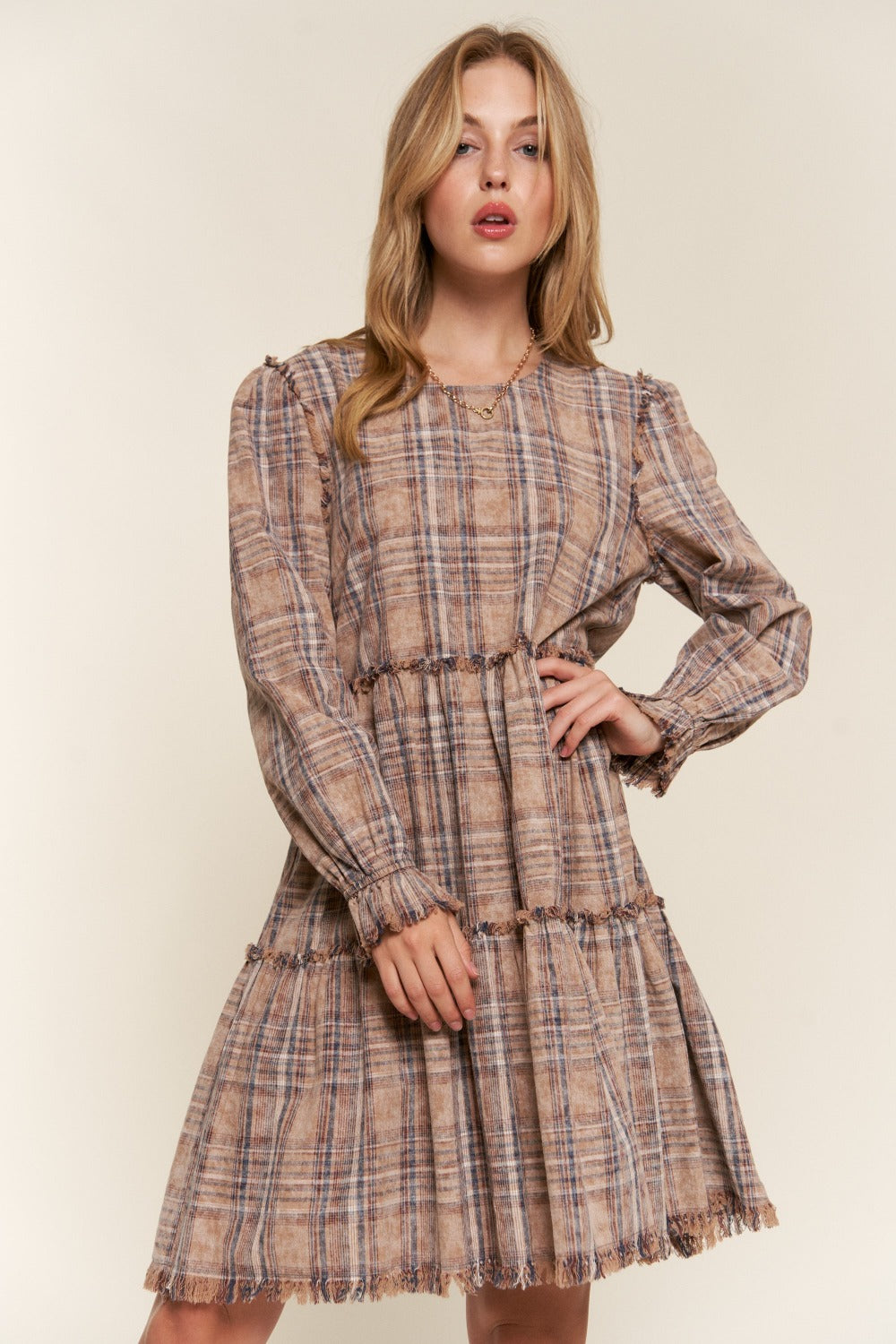 And The Why Full Size Washed Frayed Tiered Plaid Dress-TOPS / DRESSES-[Adult]-[Female]-2022 Online Blue Zone Planet