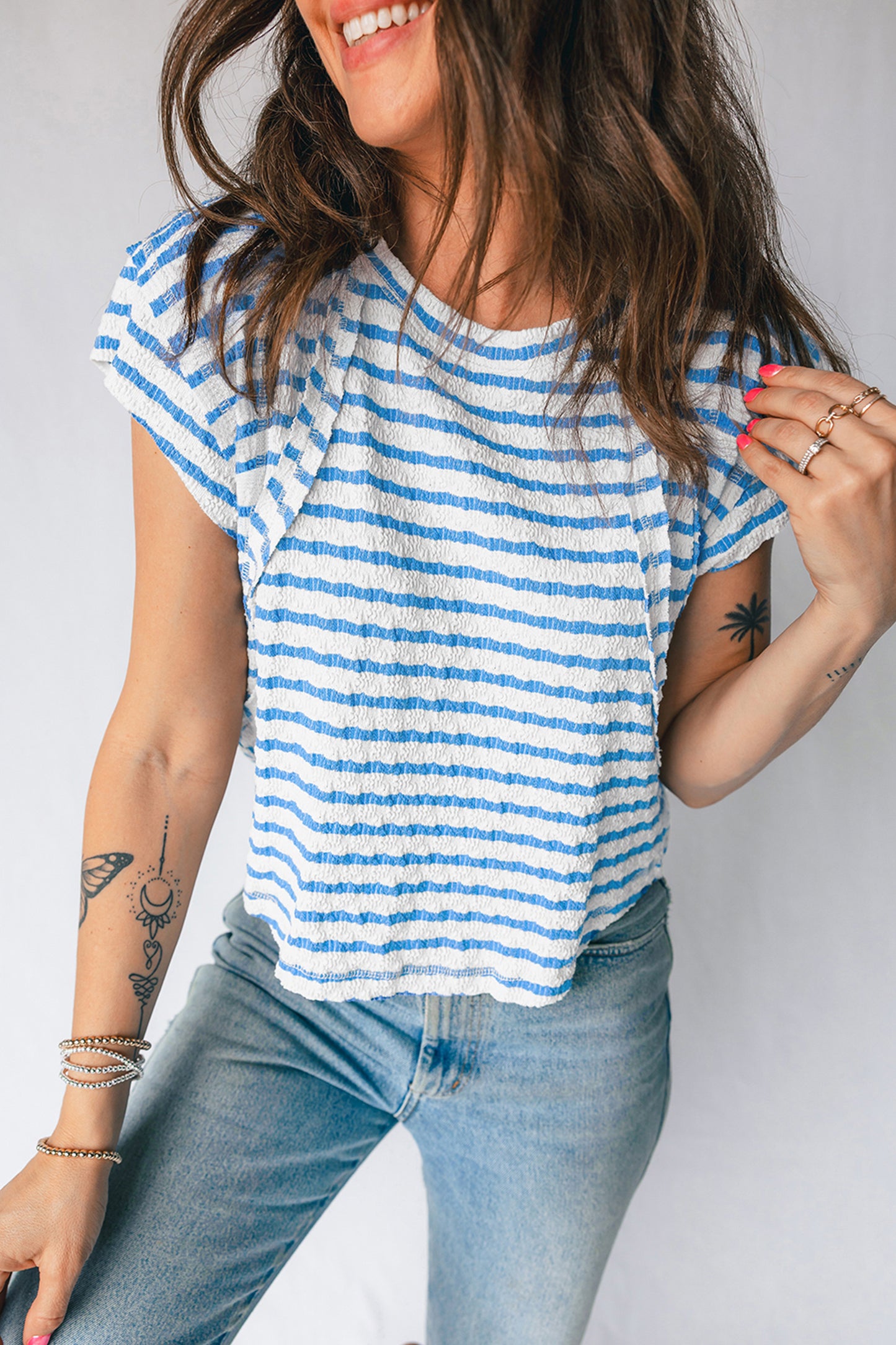Blue Stripe Textured Short Sleeve Patchwork T Shirt-Tops/Tops & Tees-[Adult]-[Female]-2022 Online Blue Zone Planet
