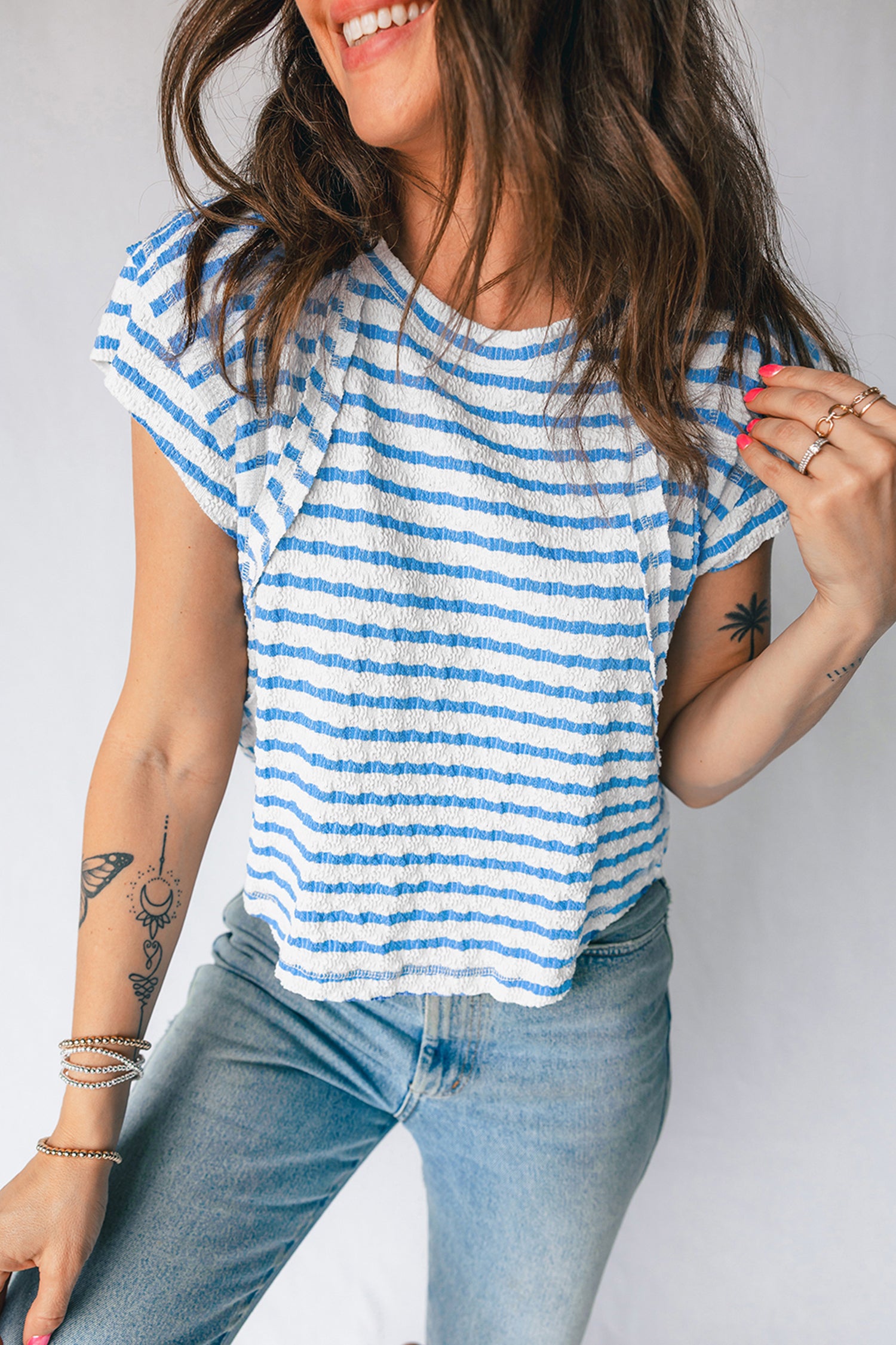 Blue Stripe Textured Short Sleeve Patchwork T Shirt-Tops/Tops & Tees-[Adult]-[Female]-2022 Online Blue Zone Planet