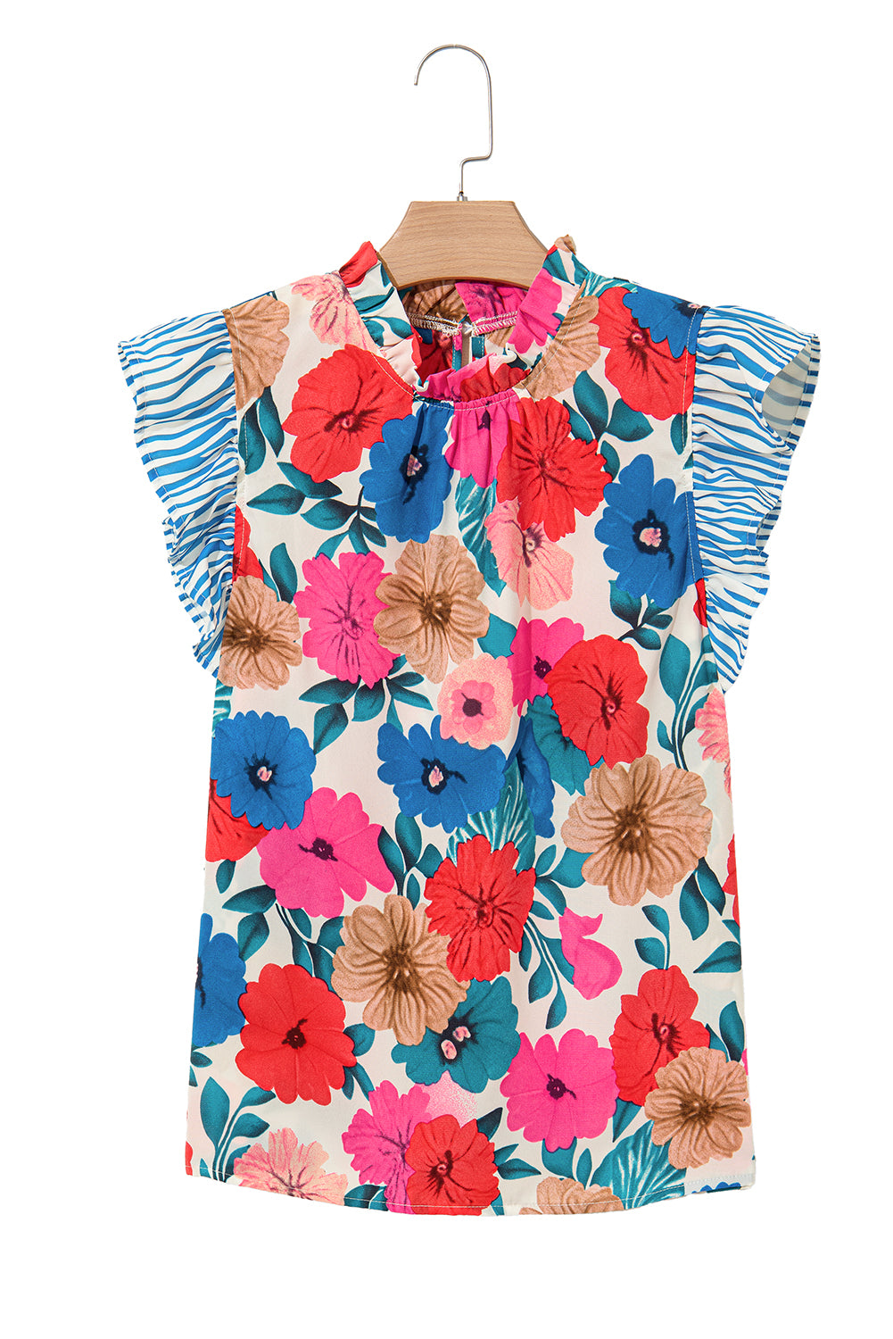 Sky Blue Floral Mock Neck Striped Flutter Sleeve Blouse-Tops/Blouses & Shirts-[Adult]-[Female]-2022 Online Blue Zone Planet