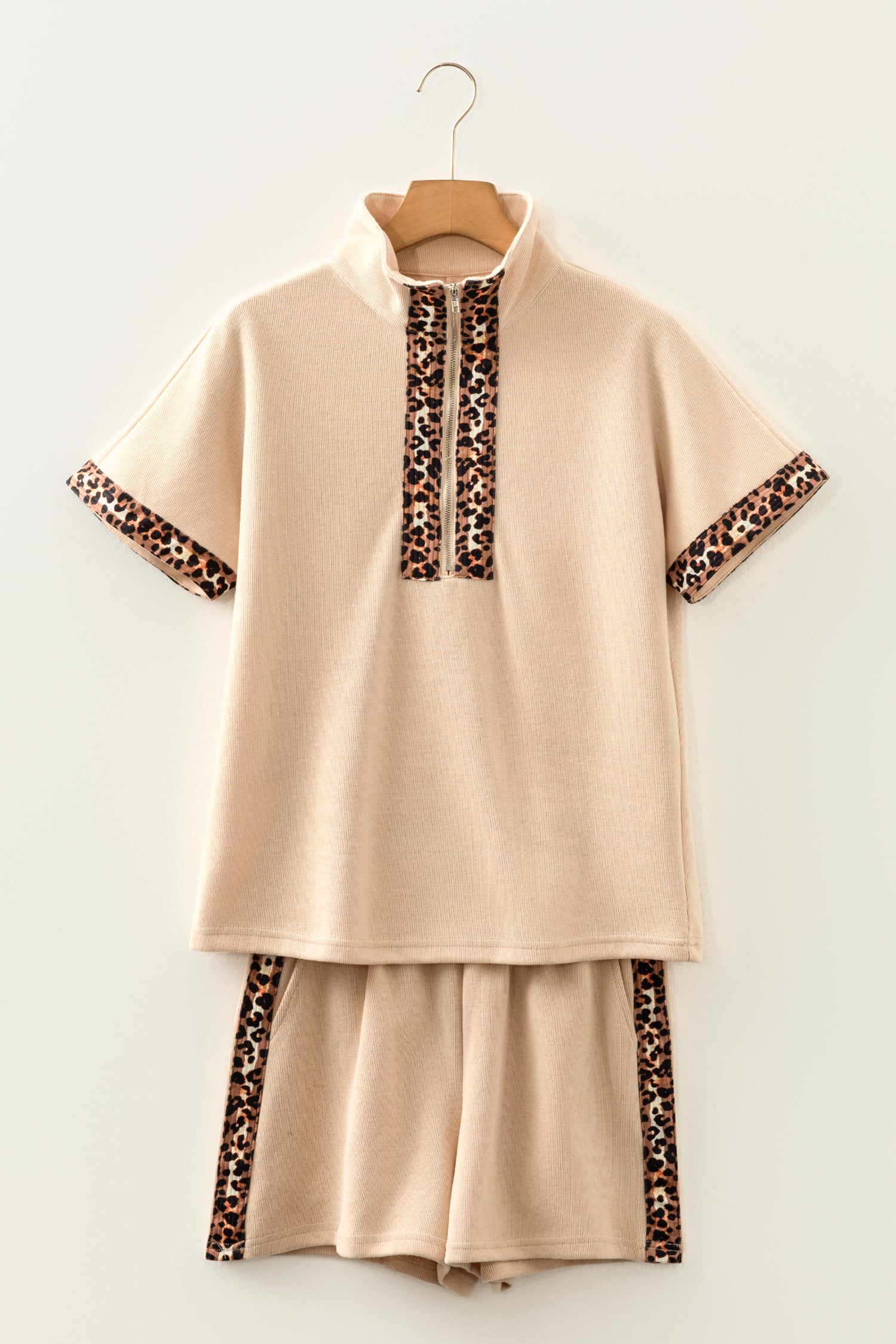 Parchment Leopard Trim Zipped Short Sleeve Casual Set-Two Piece Sets/Short Sets-[Adult]-[Female]-2022 Online Blue Zone Planet