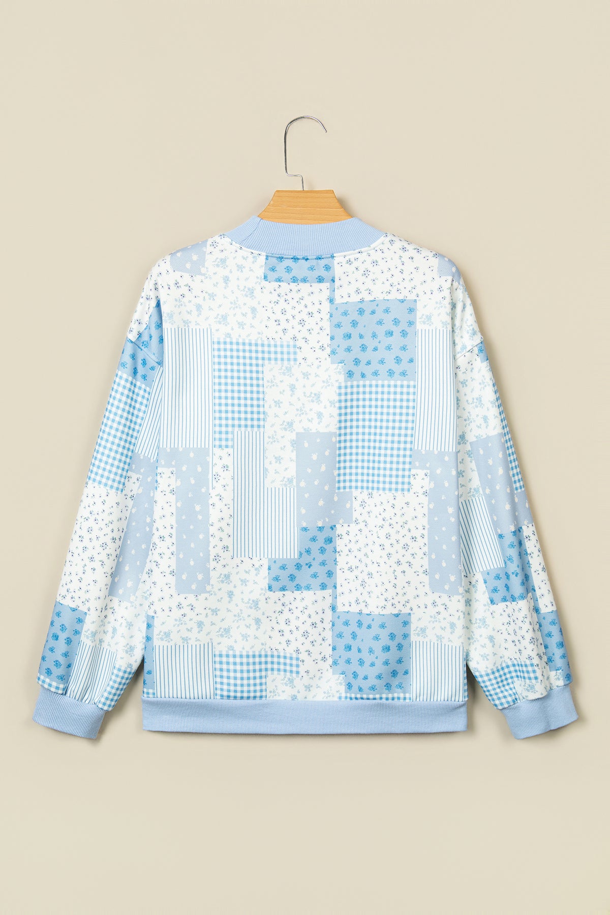 Sky Blue Patchwork Floral Print Mock Neck Long Sleeve Sweatshirt-Tops/Sweatshirts & Hoodies-[Adult]-[Female]-2022 Online Blue Zone Planet