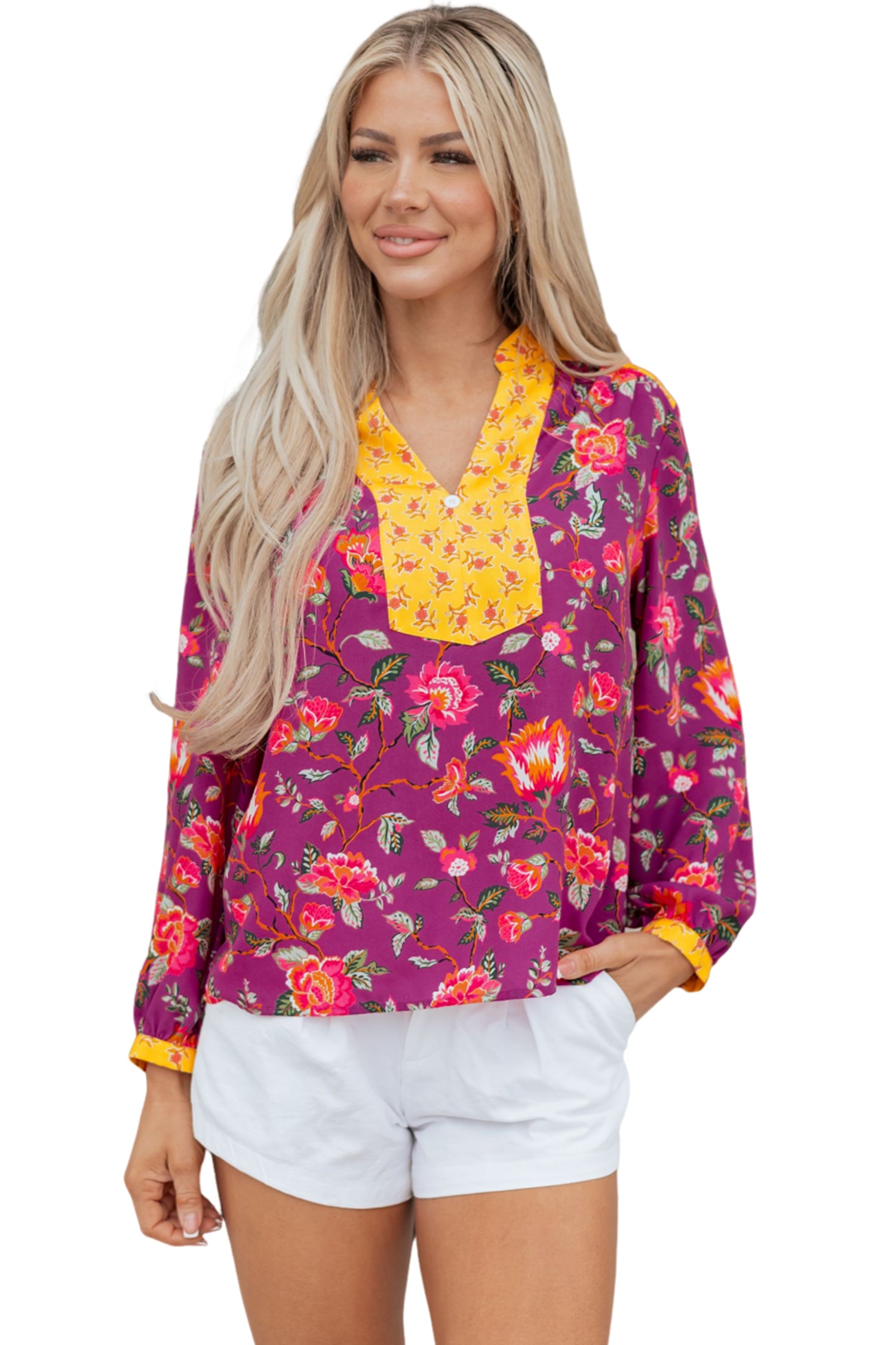Rose Contrast Placket Split V Neck Floral Blouse-Tops/Blouses & Shirts-[Adult]-[Female]-2022 Online Blue Zone Planet