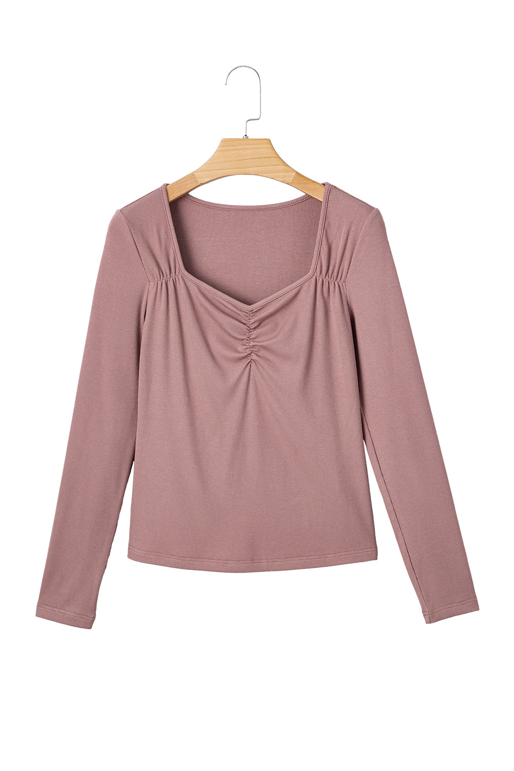 Old Rose Gathered Bust Square Neck Ribbed Fit Long Sleeve Top-Tops/Long Sleeve Tops-[Adult]-[Female]-2022 Online Blue Zone Planet